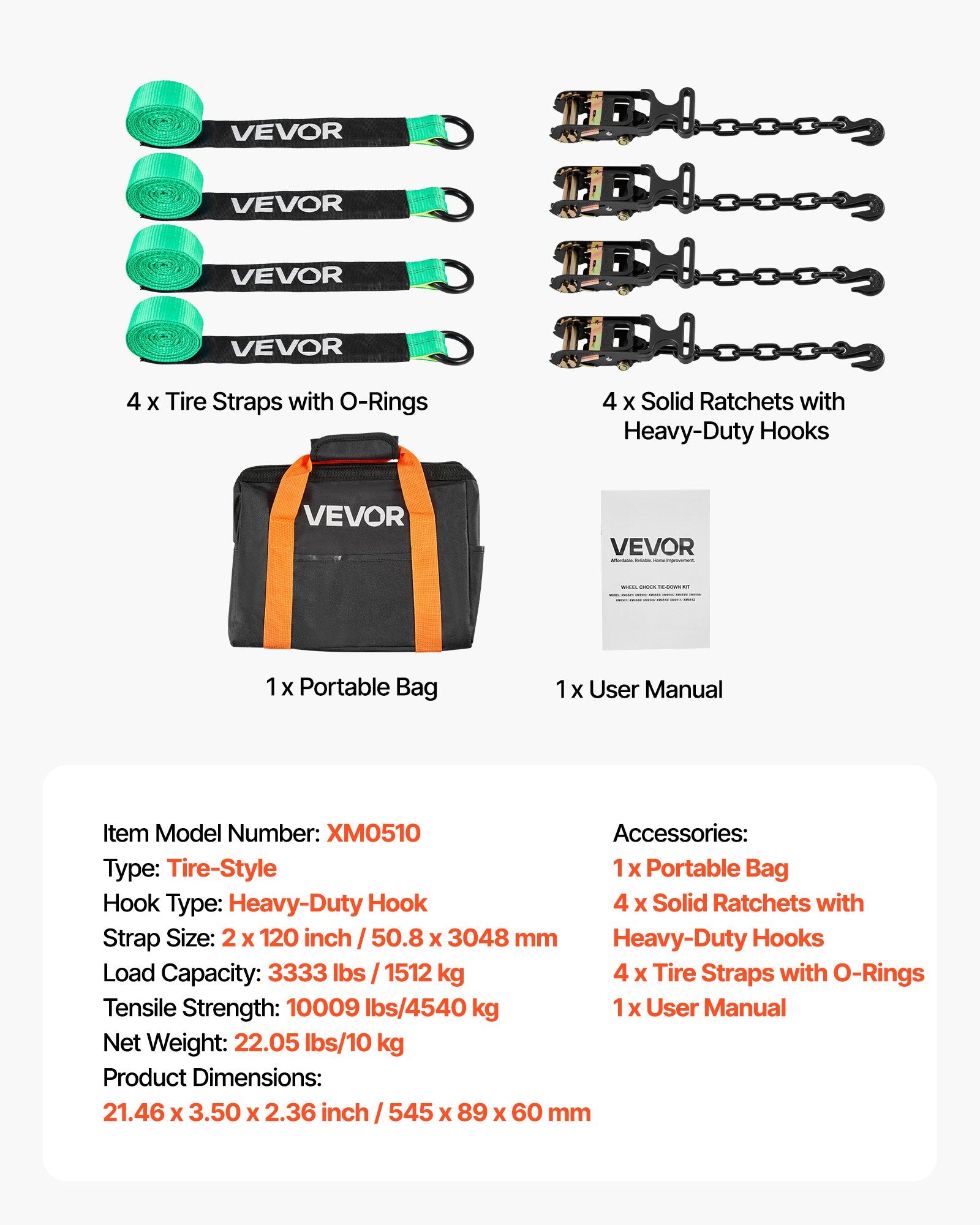VEVOR Wheel Chock Tie-Down Kit, Tire-Style Tow Dolly Strap, Car Tie Down Kit with Heavy-Duty Hook, Break Strength 4540 kg & Working Load 1512 kg Motorcycle Tie-Down System with O-Ring for ATV, SUV