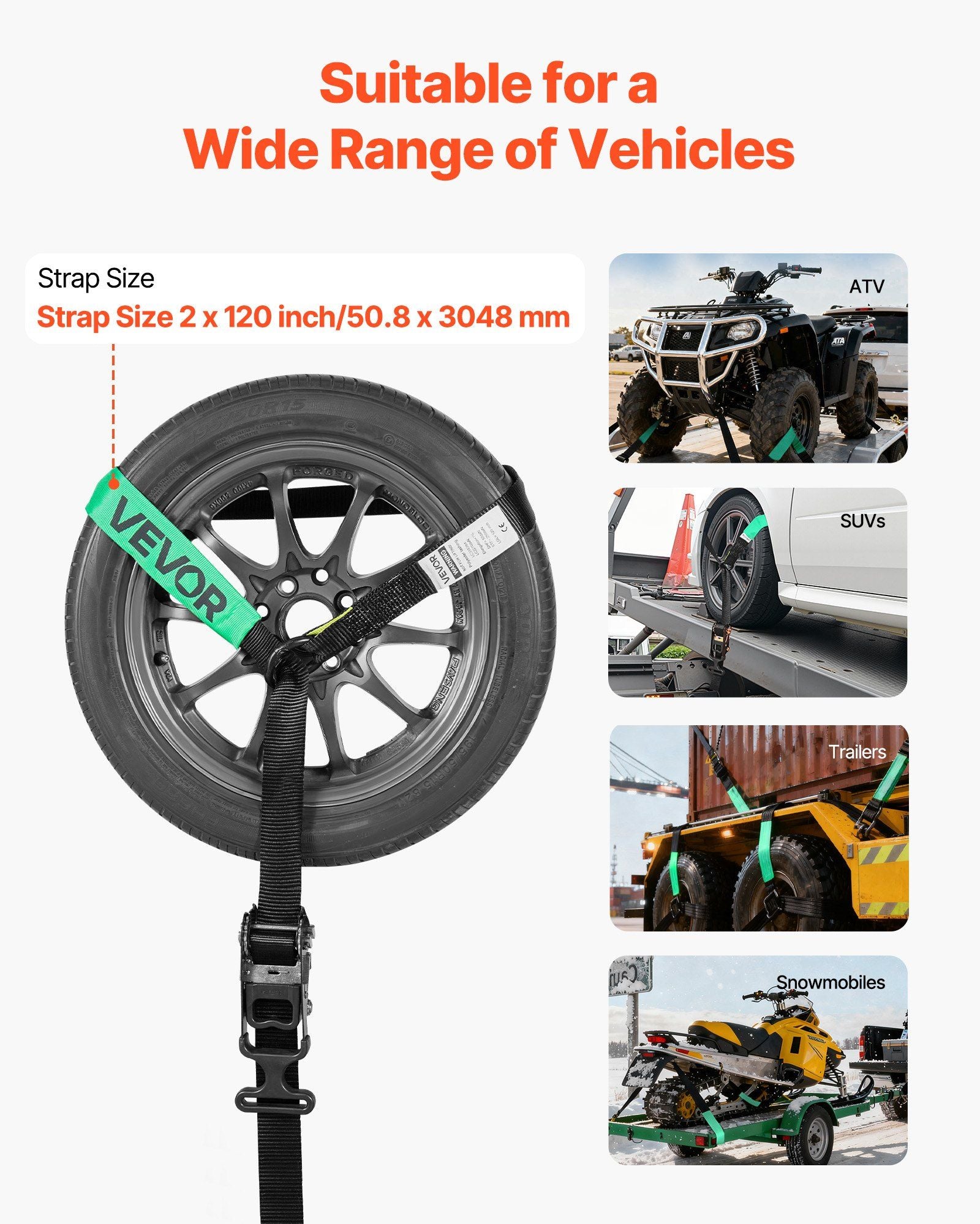 Wheel Chock Tie-Down Kit, Tire-Style Tow Dolly Strap, Car Tie Down Kit with Heavy-Duty Hook, Break Strength 4540 kg & Working Load 1512 kg Motorcycle Tie-Down System for ATV, SUV, Trailer
