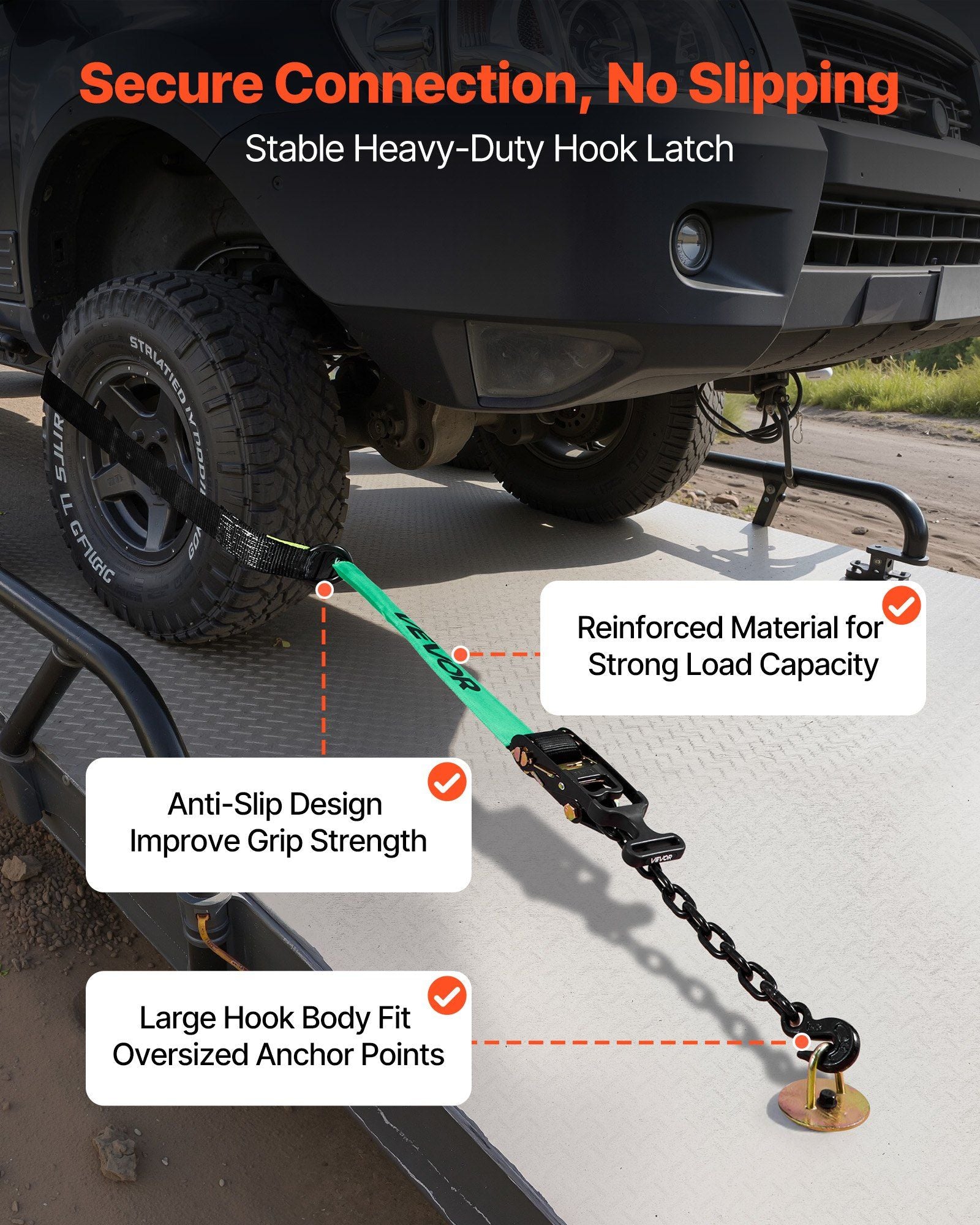 Wheel Chock Tie-Down Kit, Tire-Style Tow Dolly Strap, Car Tie Down Kit with Heavy-Duty Hook, Break Strength 4540 kg & Working Load 1512 kg Motorcycle Tie-Down System for ATV, SUV, Trailer