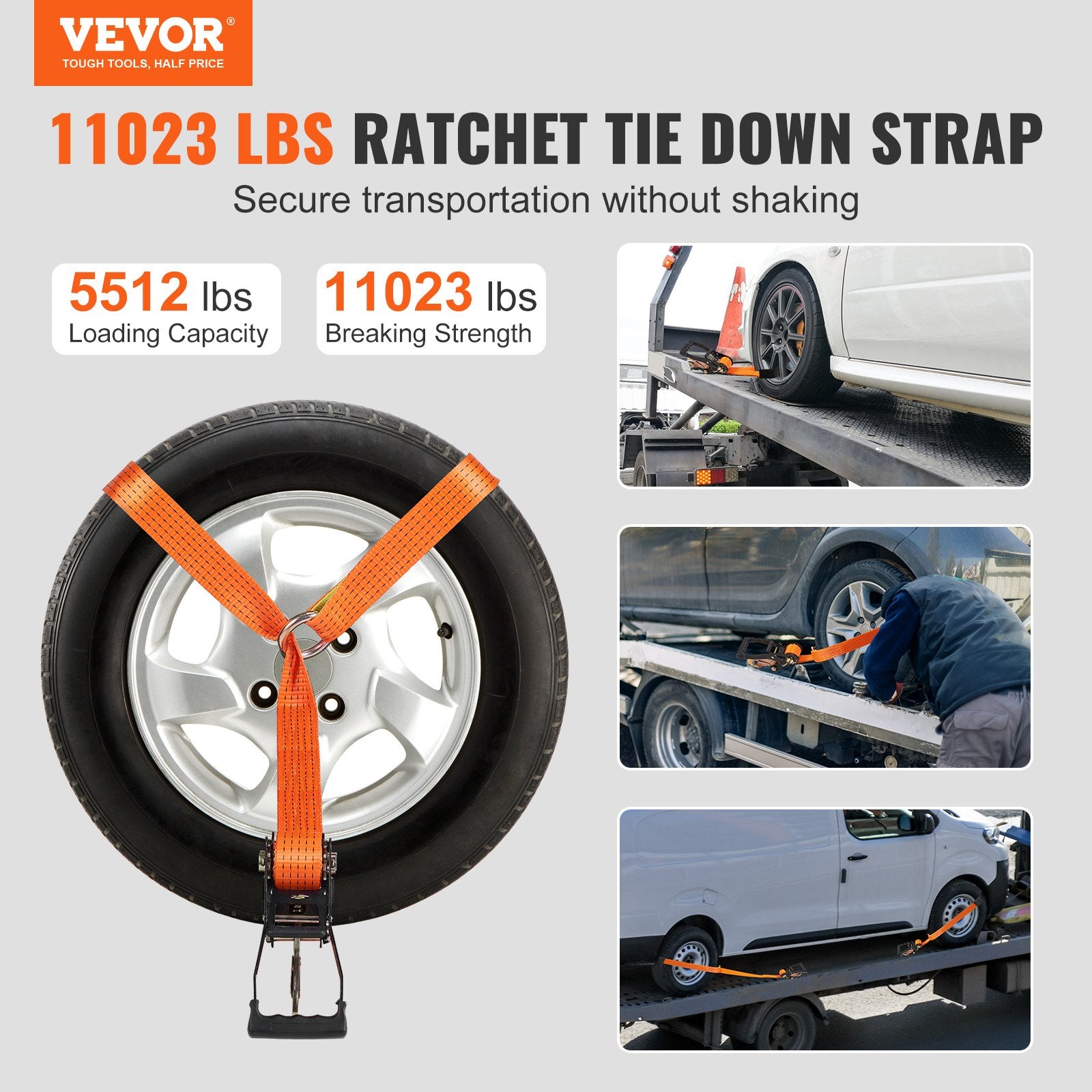 VEVOR Ratchet Tie Down Straps Kit, 5.08" x 304.8" Tire Straps, 2500kgs Working Load, 11023 LBS Breaking Strength, Car Tie Down Straps with Snap Hooks for Passenger Car, Truck, Trailer, 4-Pack