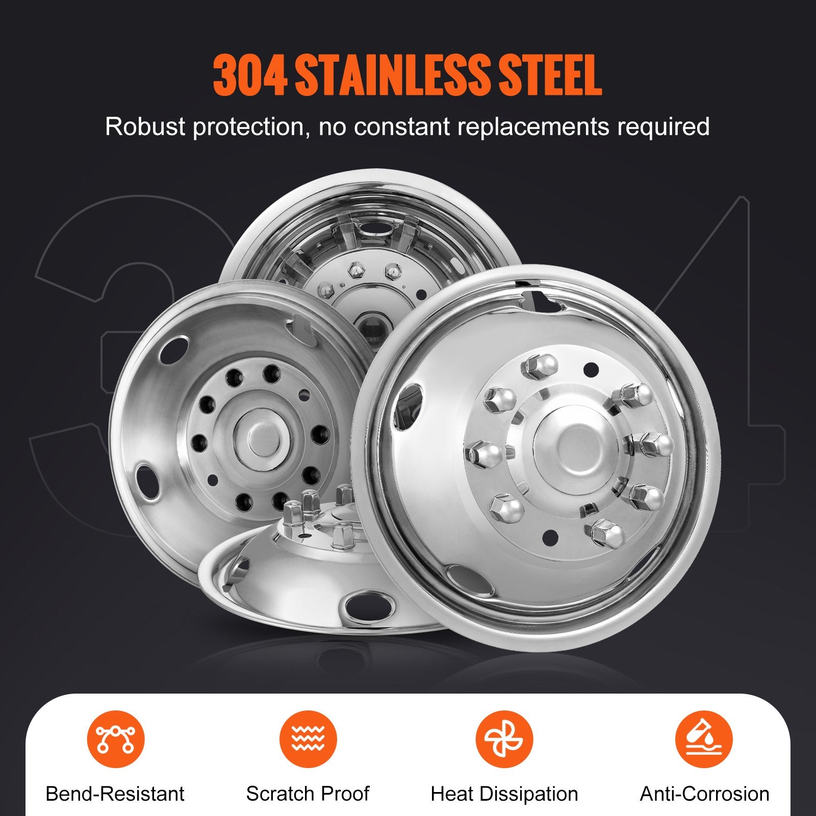 VEVOR 50cm 8 Lug Wheel Simulators, 304 Stainless Steel Wheel Simulator Kit with Mirror Polished Finish, 2 Front and 2 Rear Wheel Covers Fit for For Ford F450/F550 (2005-2020), 4 pcs