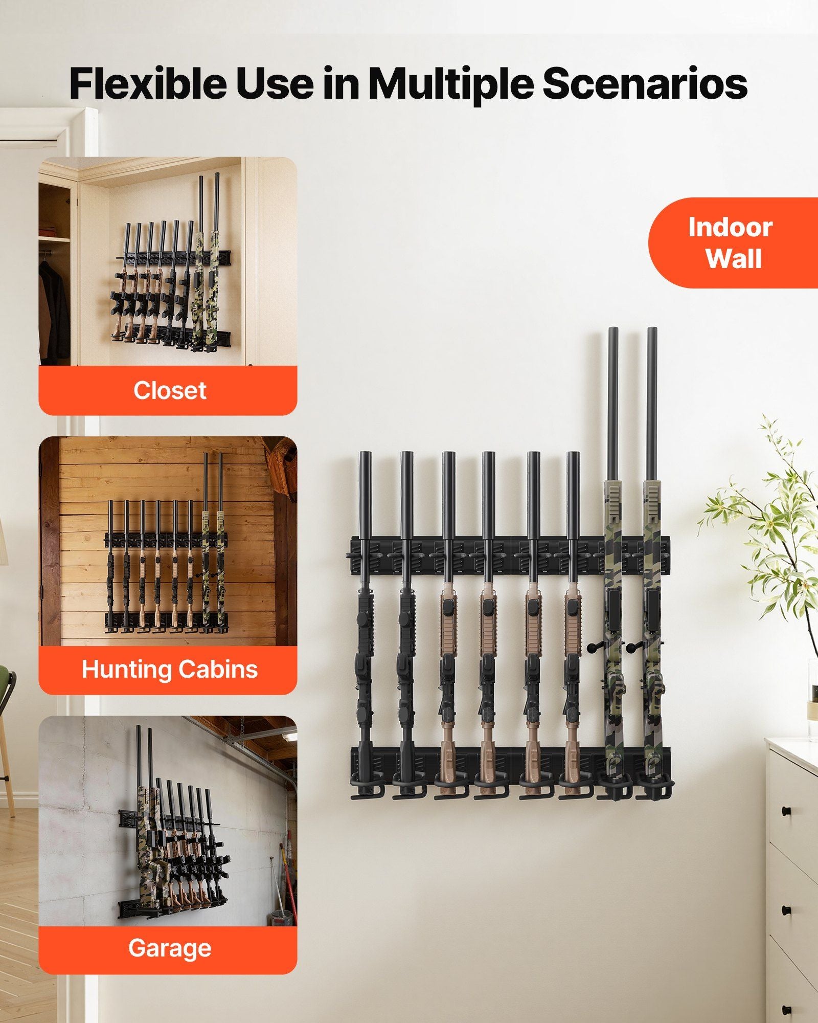 Indoor Gun Rack, Heavy Duty Steel, Wall Mount Rifle and Shotgun Rack, 8 Slots for Long Guns, Gun Display Rifle Storage Holder with Screws, for Home Garage Office Retail Shop Hunting Cabin Wall