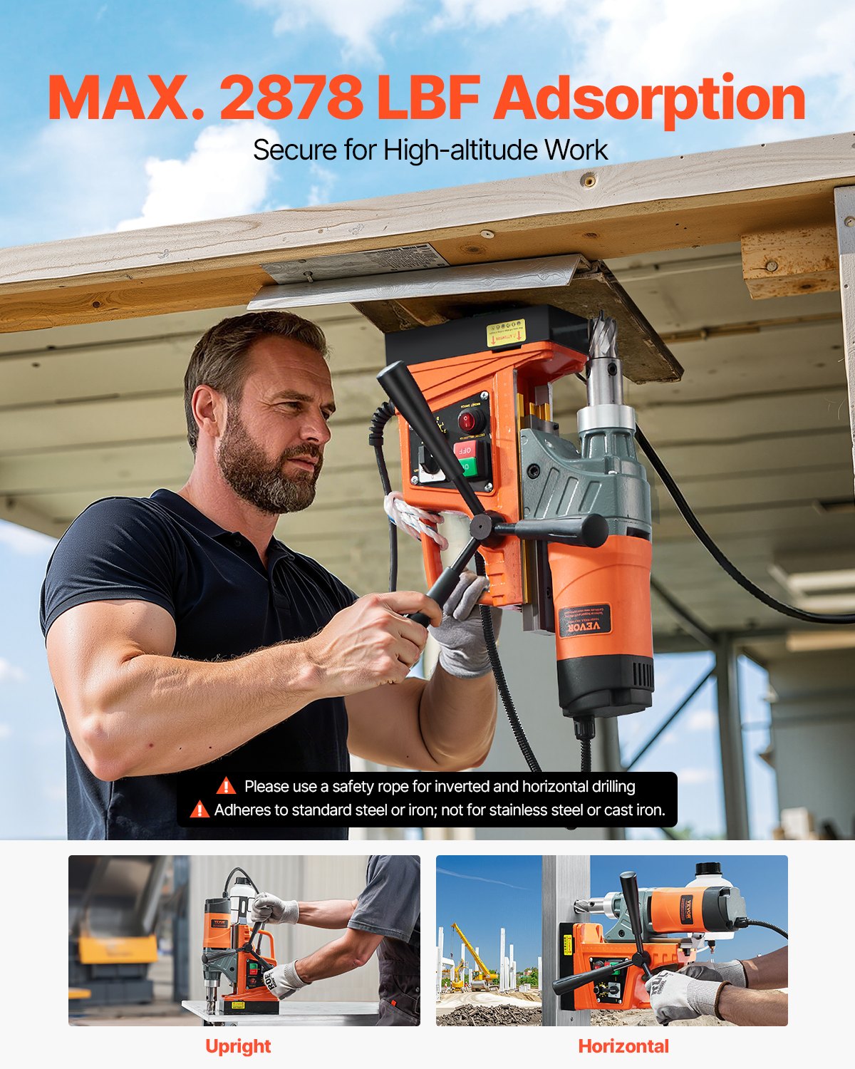 VEVOR Magnetic Drill, 1450W Motor 2 in Boring Diameter, 2878 lbf Portable Electric Mag Drill Press, with 6 Coring Bits, Variable Speed, Drilling Machine for Metal Surface, Home Improvement Industry