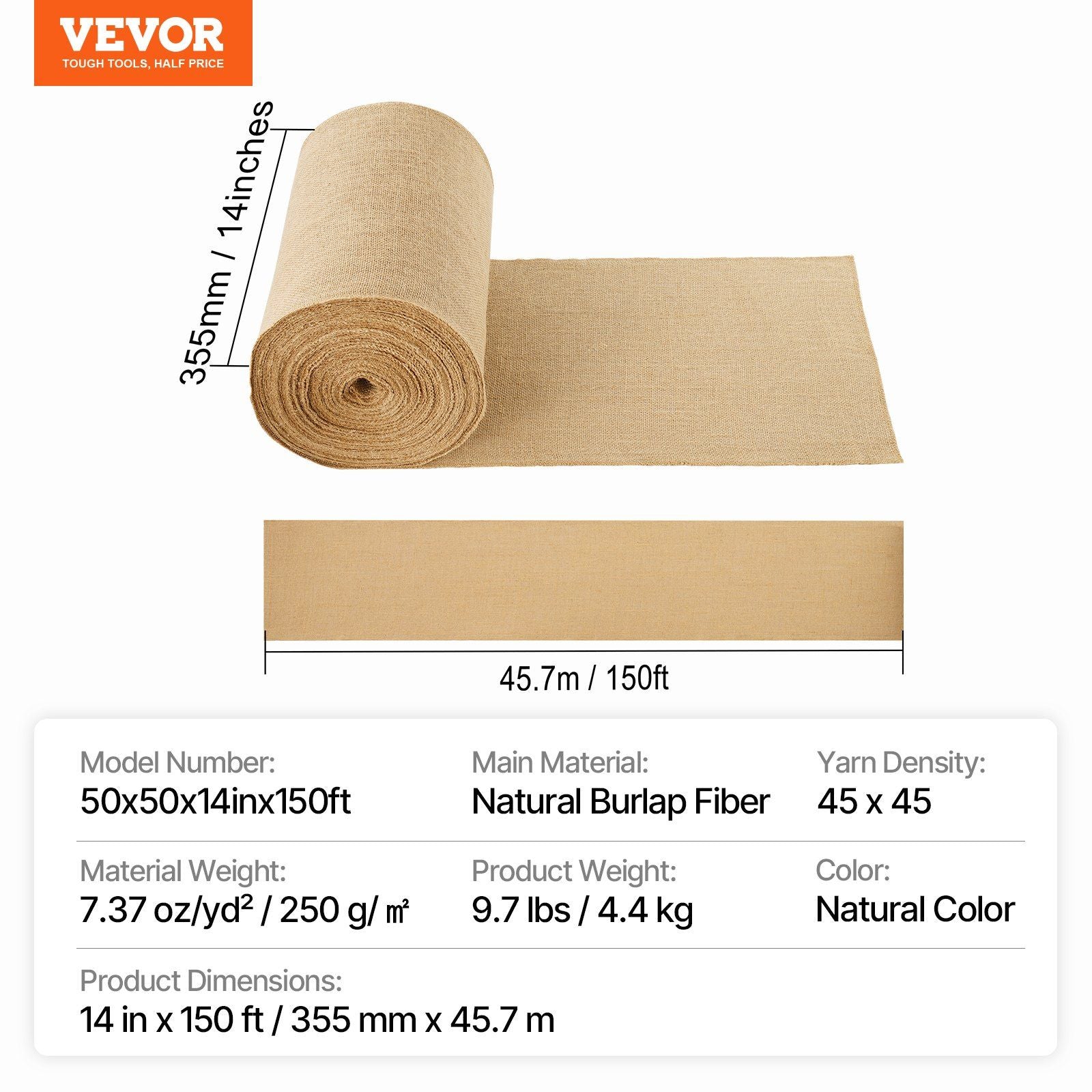 Burlap Fabric Roll, 355 mm x 45.7 m & 50 x 50 Density Wide Natural Burlap Fabric Rolls, Jute Fabric Burlap Tree Wrap Roll, for Decor, Crafts, Wedding, Gardening, Plant & Tree Winter Covering