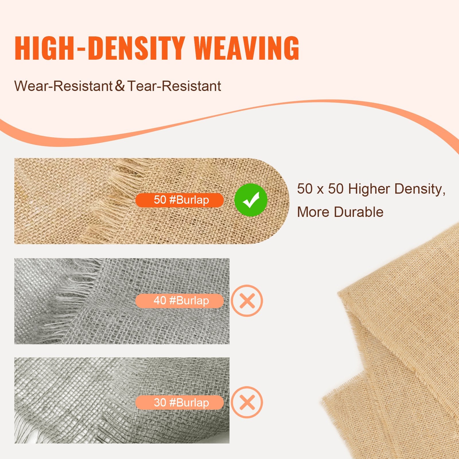 VEVOR Burlap Fabric Roll, 1016 mm x 22.86 m & 50 x 50 Density Wide Natural Burlap Fabric Rolls, Jute Fabric Burlap Tree Wrap Roll, for Decor, Crafts, Wedding, Gardening, Plant & Tree Winter Covering