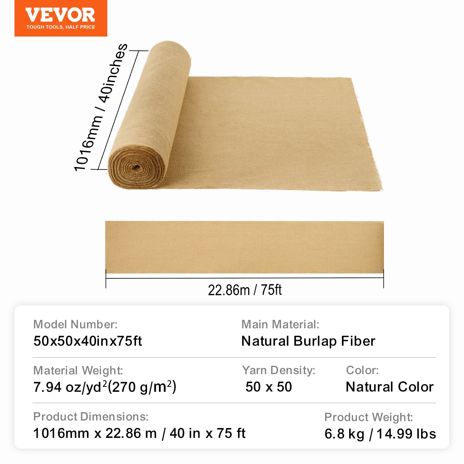 VEVOR Burlap Fabric Roll, 1016 mm x 22.86 m & 50 x 50 Density Wide Natural Burlap Fabric Rolls, Jute Fabric Burlap Tree Wrap Roll, for Decor, Crafts, Wedding, Gardening, Plant & Tree Winter Covering