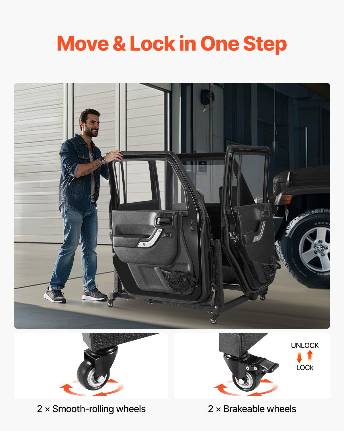 Jeep Door Storage Cart, 4 Doors Moveable Storage Cart Rack with Thickened Rubber Cushion, Sturdy Car Door Holder Cart Fit for Jeep Wrangler JK JL/Gladiator JT 2007- 2023 JK JL / Gladiator JT