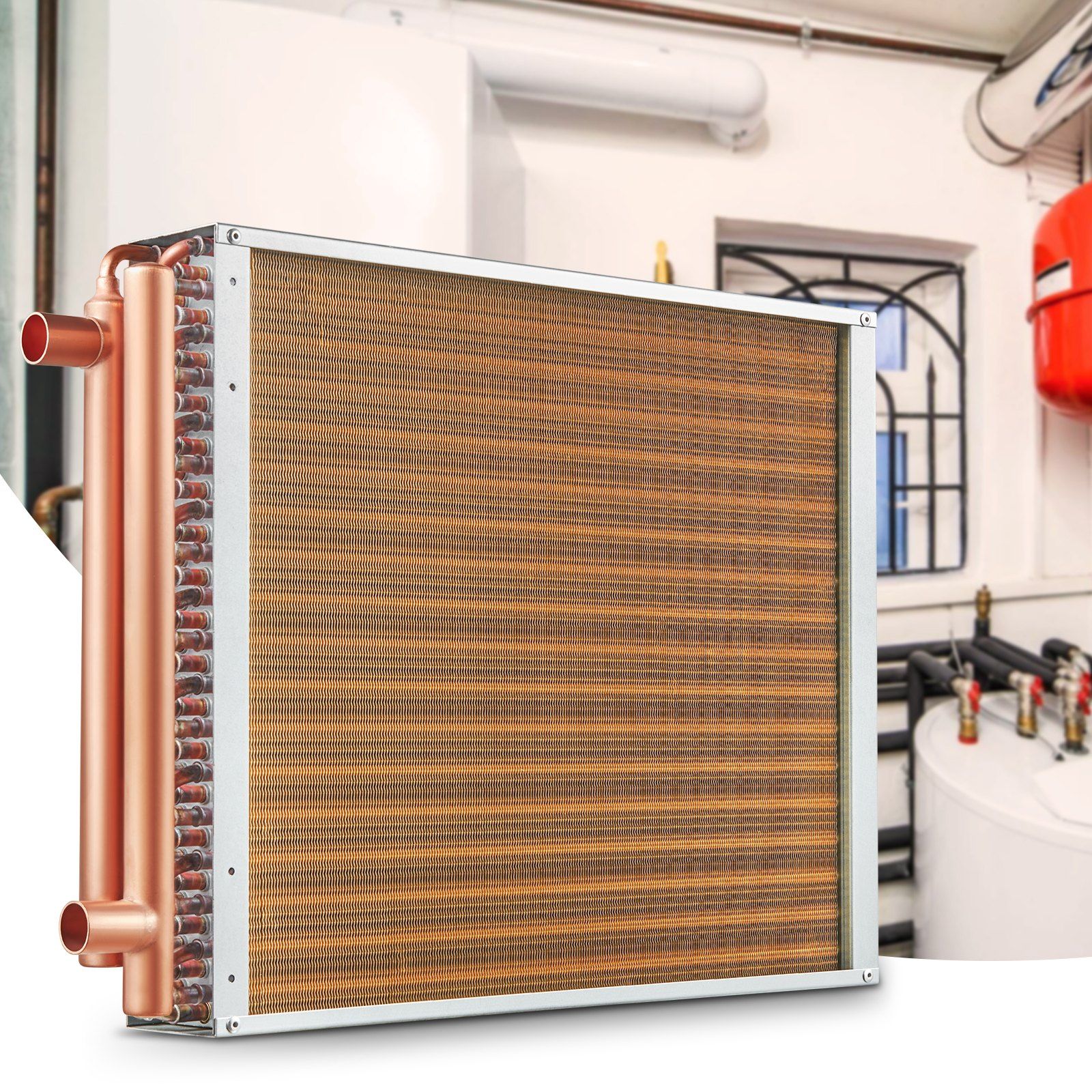 Heat Exchanger Water to Air, 18"x 20" with 3-Row 3/8" Copper Ports, 242 Aluminum Fins Heat Exchanger for Outdoor Wood Furnaces, Residential Heating and Cooling, and Forced Air Heating