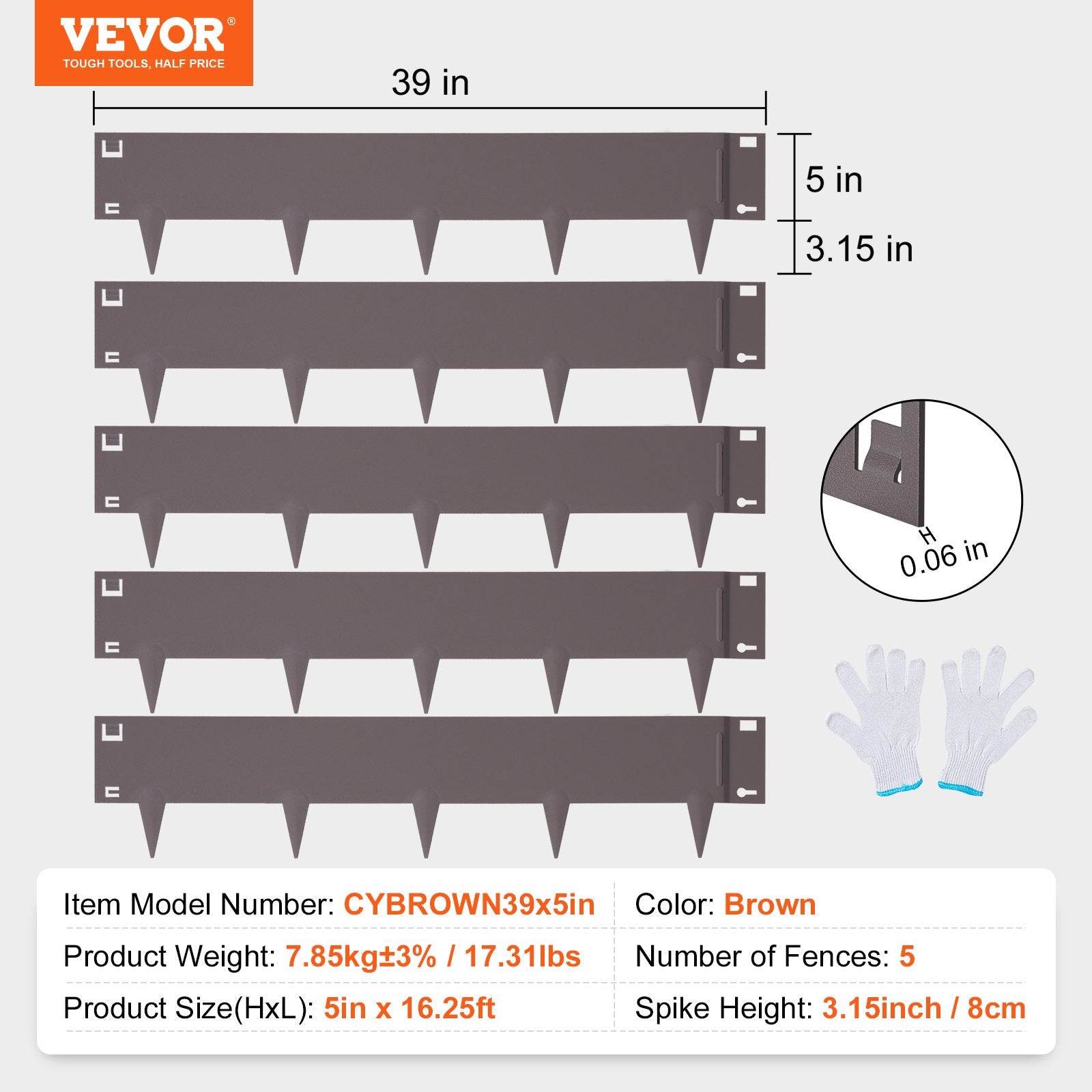 VEVOR Steel Landscape Edging, 5-pack Steel Garden Edging Borders, 39" L x 5" H Strips, Hammer-in Edging Border, Bendable Metal Landscape Edging for Yard, Garden, Lawn, 3.15" Spike Height, Rustic Brown