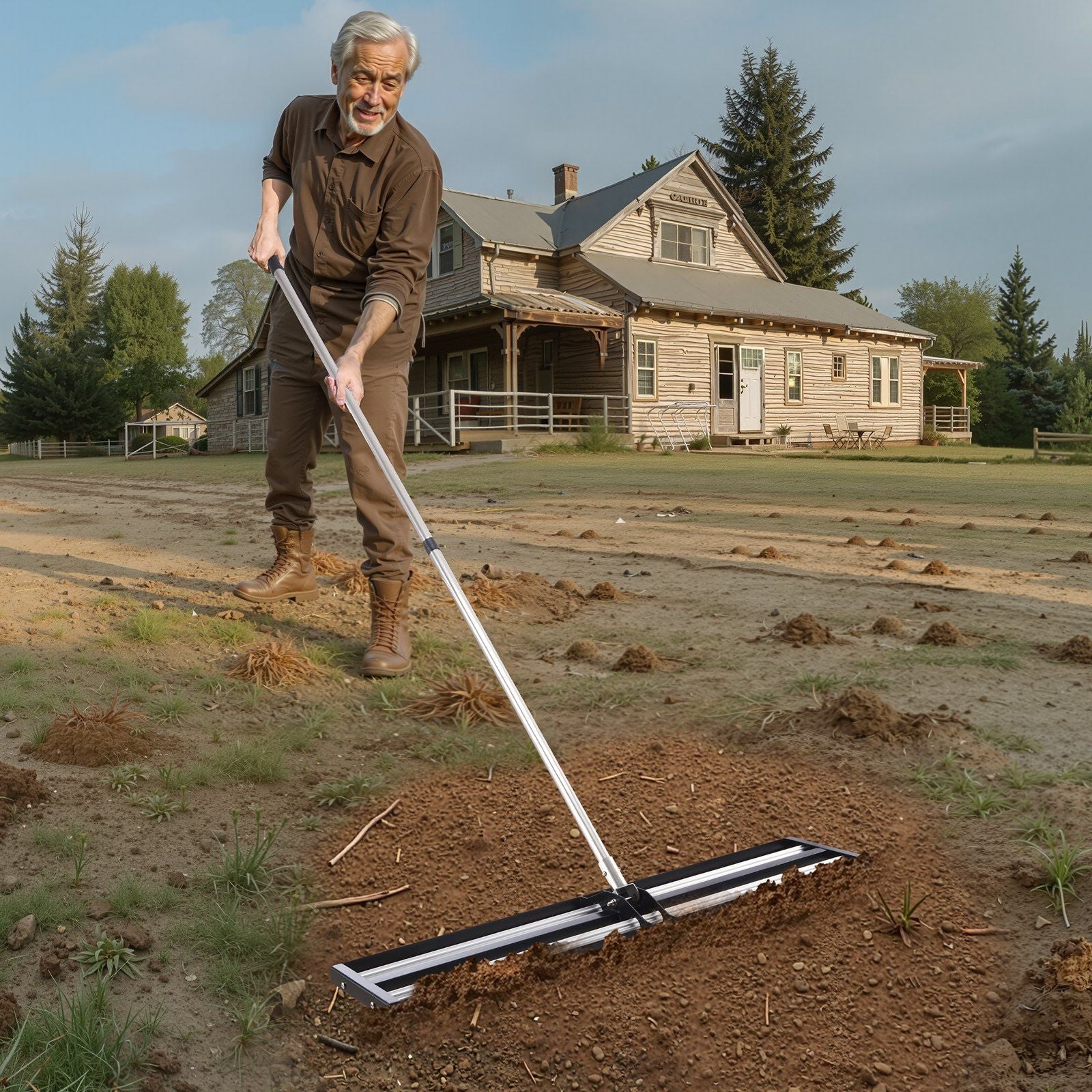 254 x 1219 mm Lawn Leveling Rake with 2130 mm Adjustable Handle for Yard Garden