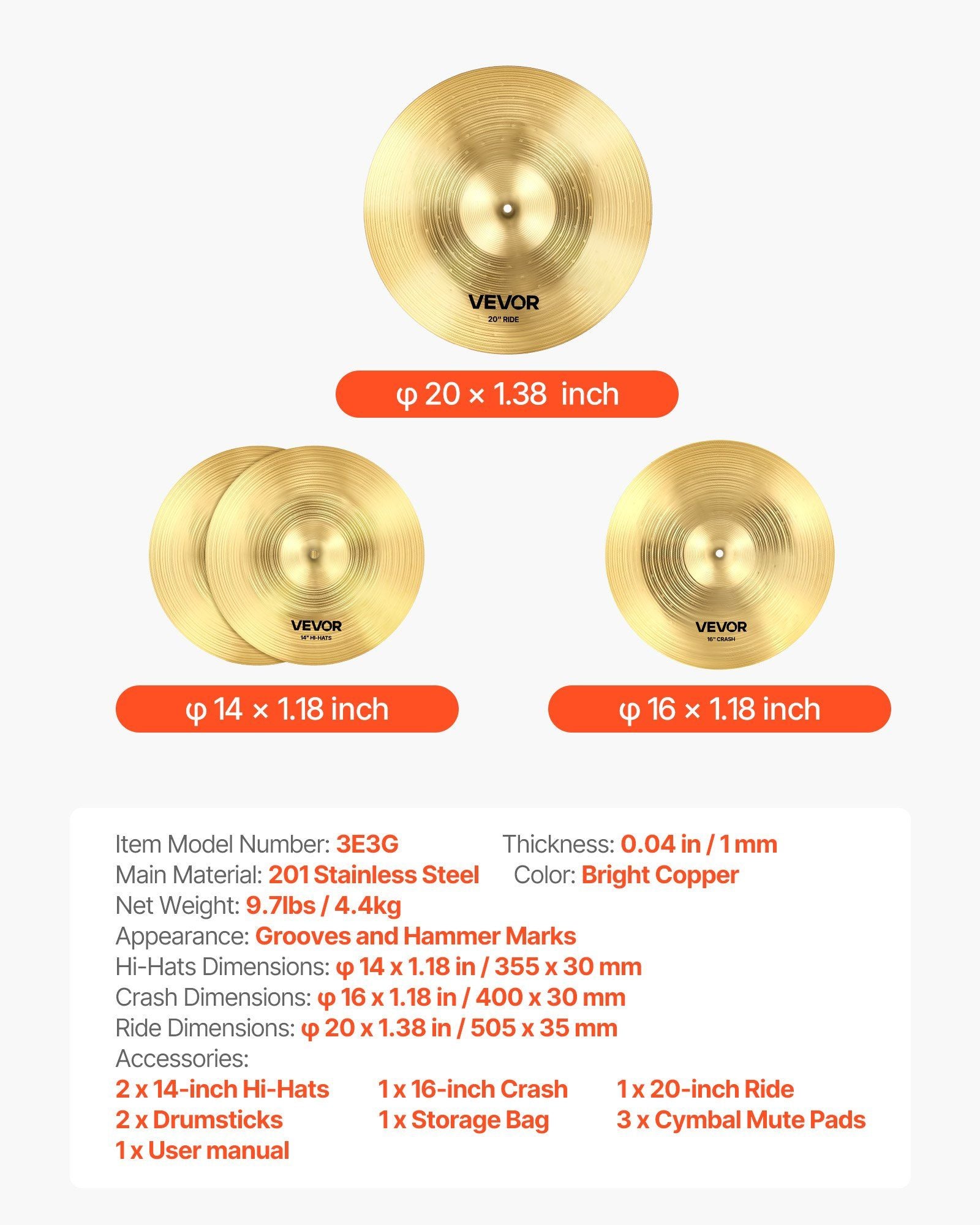 Cymbal Pack, 3 Pieces Cymbals for Drum Set, Alloy Cymbals Drum Set Includes 35.5 cm Hi-Hats, 40 cm Crash, 50.5 cm Ride, Drumsticks & Cymbal Bag, Alloy Cymbal Pack for Drummer, Bright Copper