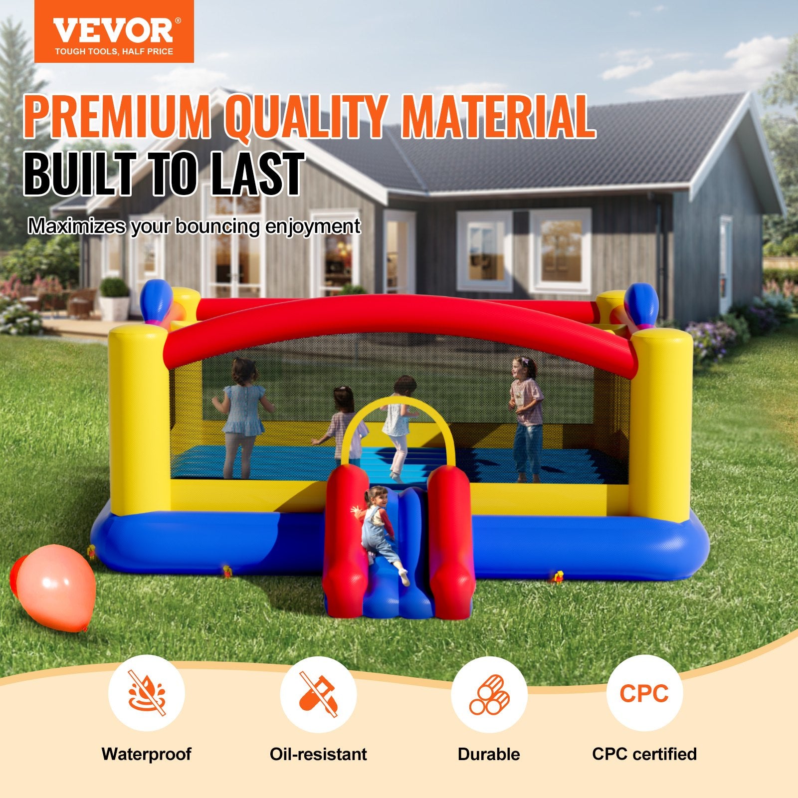VEVOR Inflatable Bounce House, Outdoor High Quality Playhouse Trampoline, Jumping Bouncer with Blower, Slide, and Storage Bag, Family Backyard Bouncy Castle, for Kid Ages 3_10 Years, 4.5x4.4x2m