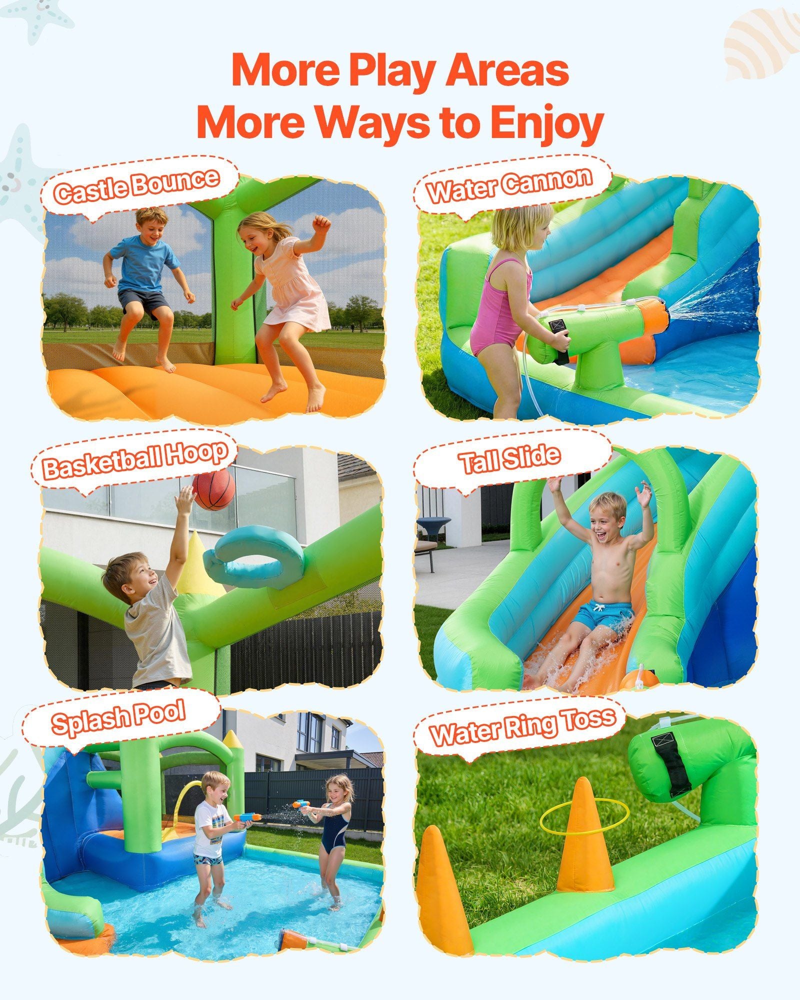 Inflatable Bounce House, 3.4 x 3.74 x 2.13 m Inflatable Bounce House Water Slide, Bouncer Castle with Castle Bounces, Basketball Hoop, Splash Pool & Water Ring Toss, for 3 to 4 Kids Ages 3 to 8