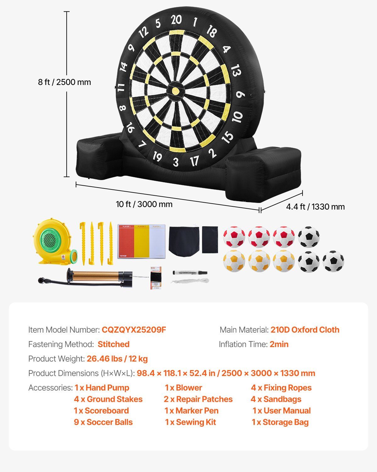 Inflatable Soccer Dart Board, over 2.5 m High Giant Soccer Dart Board with 9 Kick Balls & Air Pump, 2-Minutes Setup & Storage Bag for Easy Carrying, for Giant Yard Games, Giant Kick Darts Game