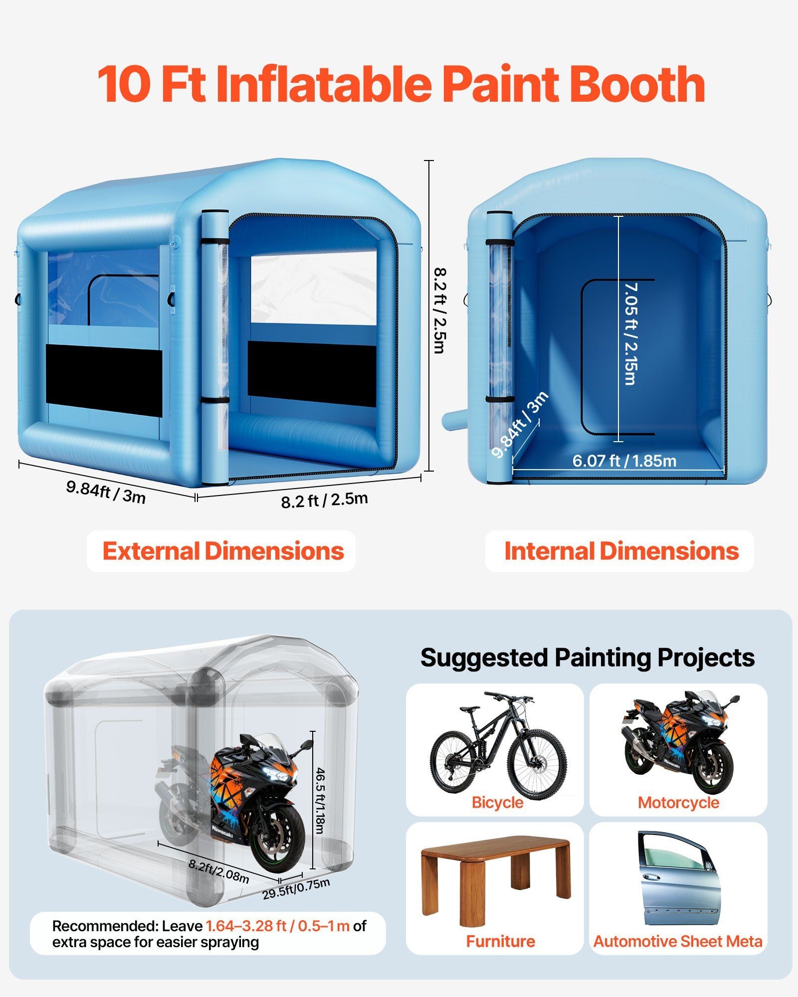 Inflatable Paint Booth, 3 x 2.5 x 2.5 m, Inflatable Spray Booth with 550W Powerful Blower and Air Filter System, Round Roof with Light Hook, for Painting Bicycle, Motorcycle, and Furniture