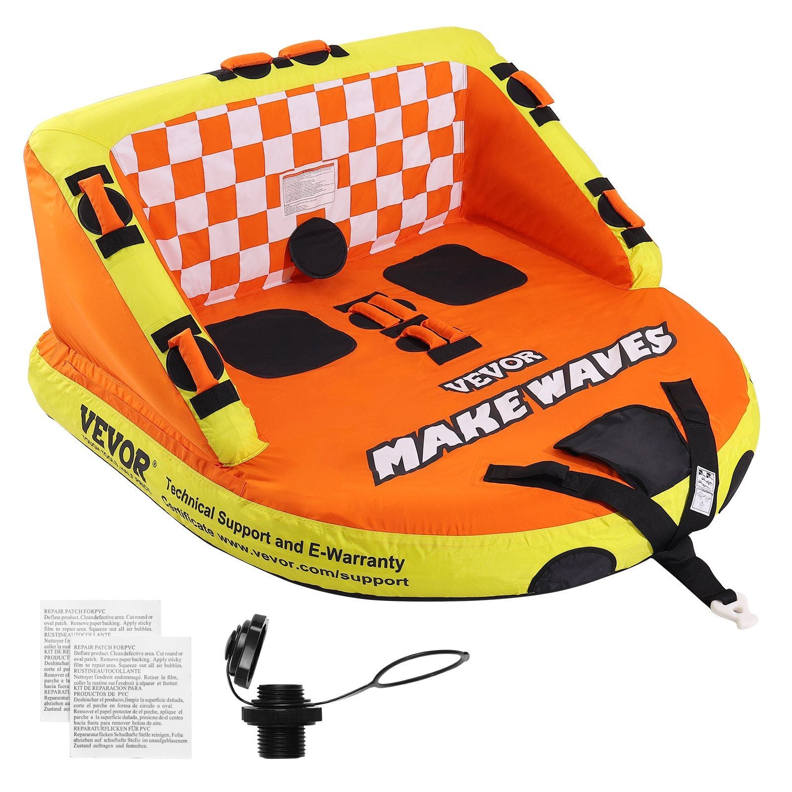 Towable Tube for Boating, 1-2 Riders Inflatable Towable Tubes with Deck Seats and Backrest, 340 lbs Water Sport Tube for Boat to Pull, Full Nylon Cover, EVA Grab Handles and Speed Safety Valve