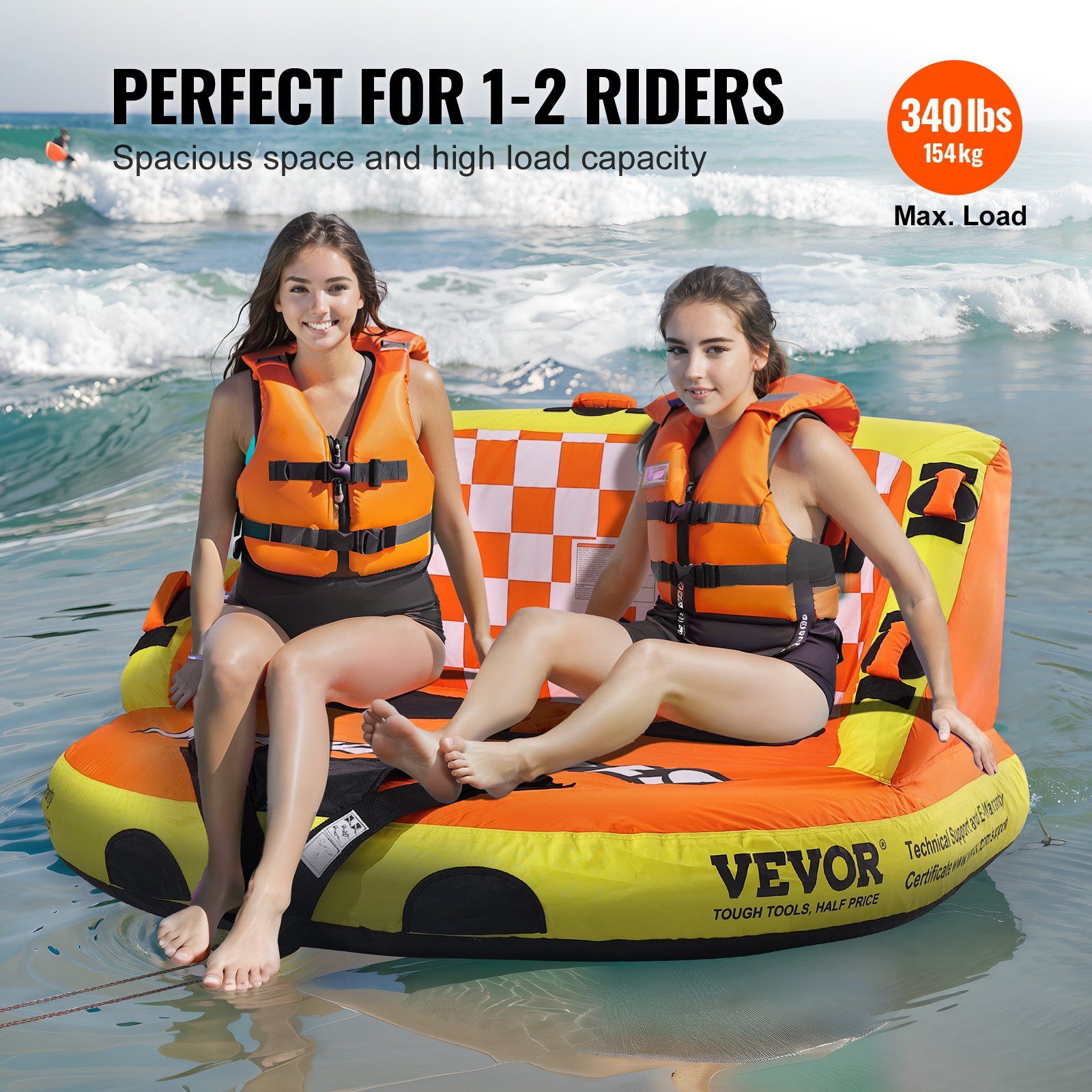 Towable Tube for Boating, 1-2 Riders Inflatable Towable Tubes with Deck Seats and Backrest, 340 lbs Water Sport Tube for Boat to Pull, Full Nylon Cover, EVA Grab Handles and Speed Safety Valve