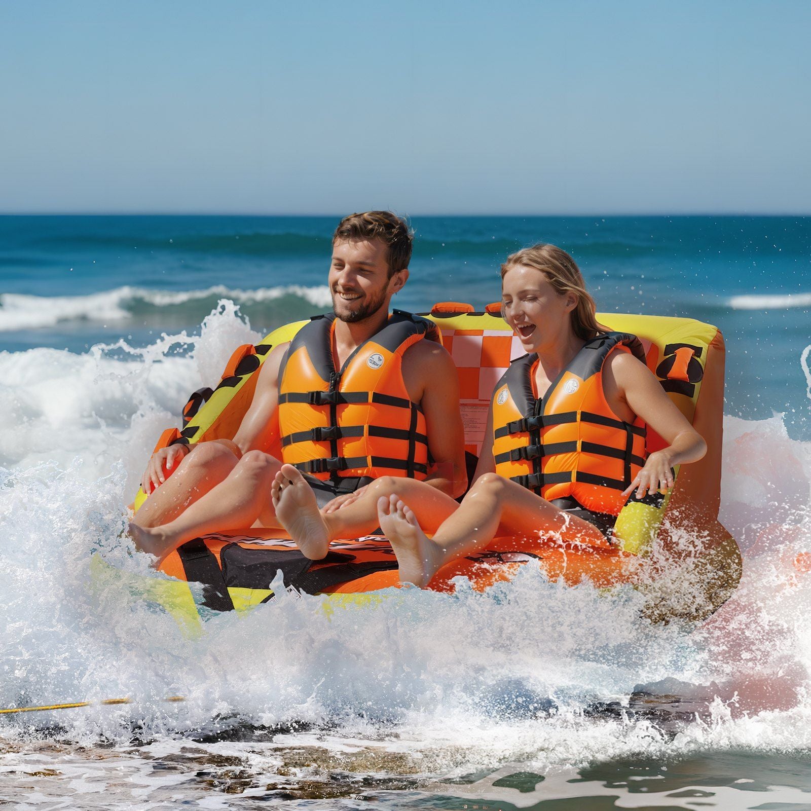 Towable Tube for Boating, 1-2 Riders Inflatable Towable Tubes with Deck Seats and Backrest, 340 lbs Water Sport Tube for Boat to Pull, Full Nylon Cover, EVA Grab Handles and Speed Safety Valve