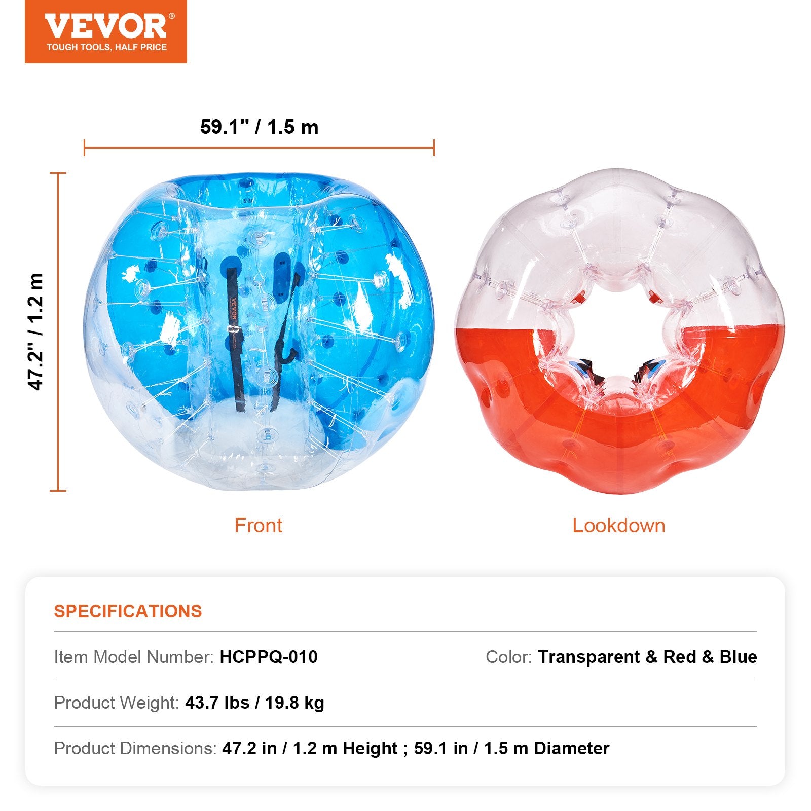 VEVOR Inflatable Bumper Balls 2-Pack, 5FT/1.5M Body Sumo Zorb Balls for Teen & Adult, 0.8mm Thick PVC Human Hamster Bubble Balls for Outdoor Team Gaming Play, Bumper Bopper Toys for Garden, Yard, Park