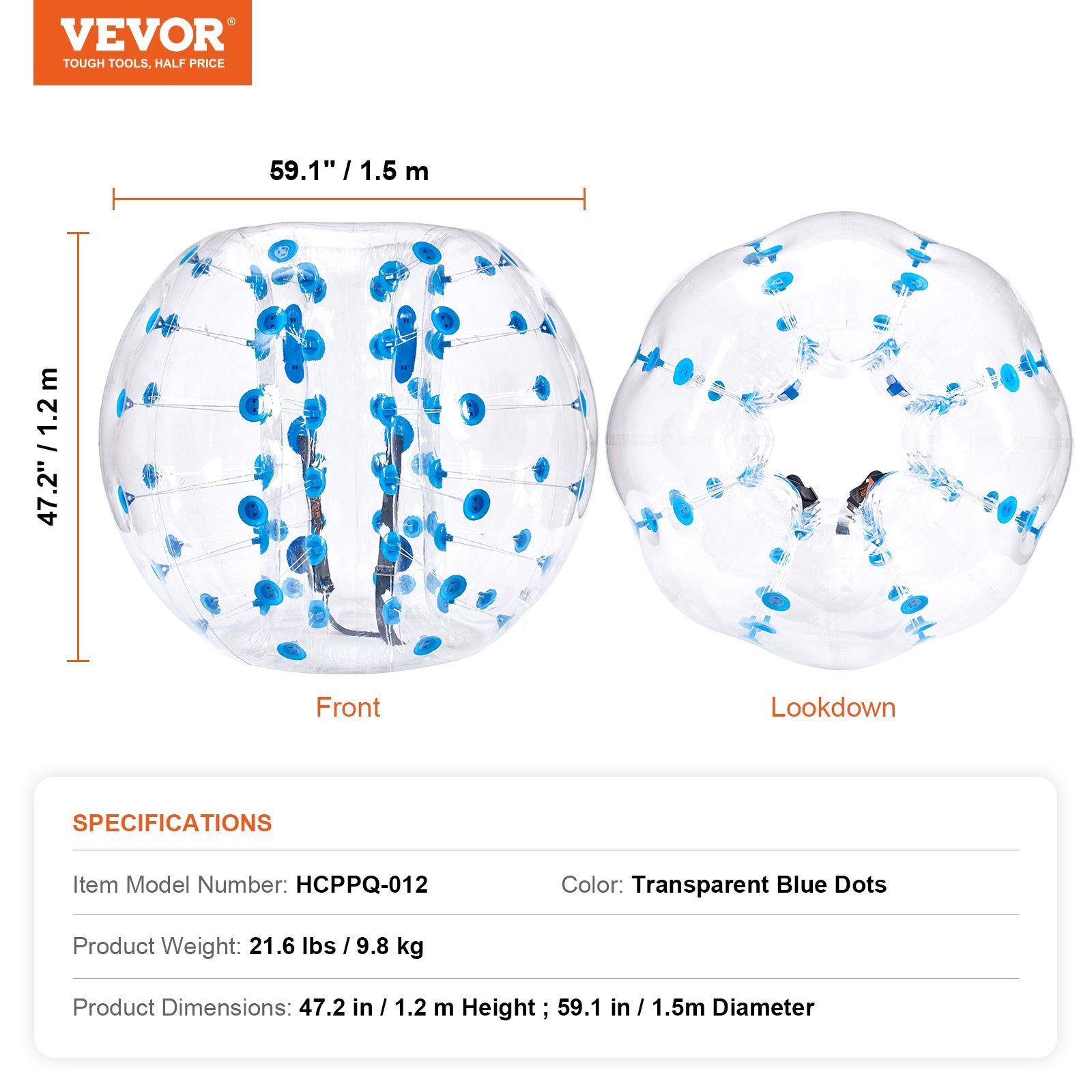 VEVOR Inflatable Bumper Ball 1-Pack, 5FT/1.5M Body Sumo Zorb Balls for Teen & Adult, 0.8mm Thick PVC Human Hamster Bubble Balls for Outdoor Team Gaming Play, Bumper Bopper Toys for Garden, Yard, Park