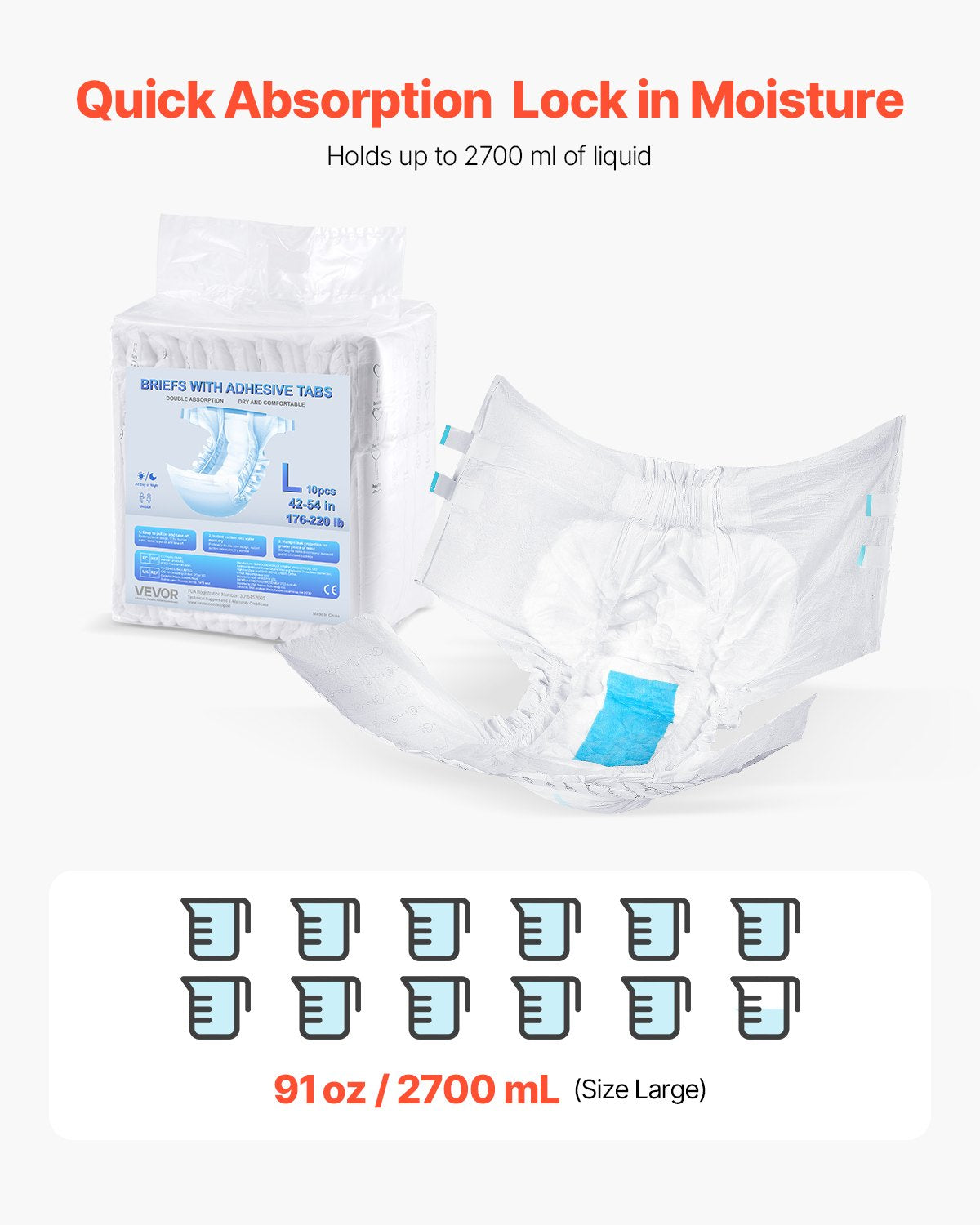 VEVOR Adult Briefs with Adhesive Tabs Incontinence Briefs for Men Women L Size