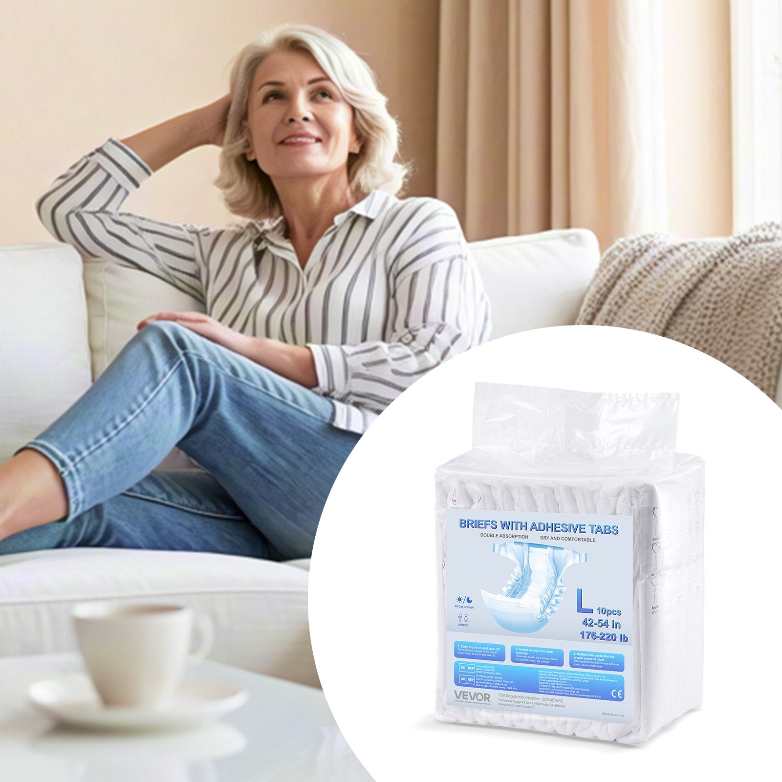 VEVOR Adult Briefs with Adhesive Tabs Incontinence Briefs for Men Women L Size