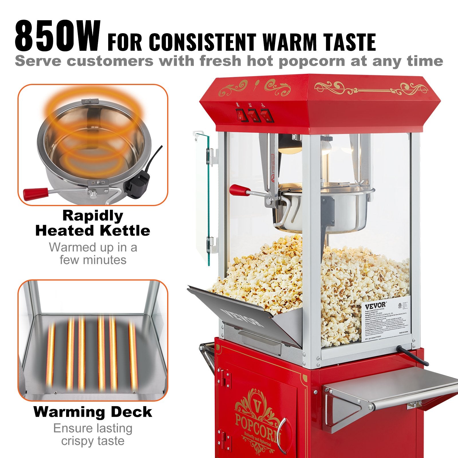 VEVOR Popcorn Popper Machine with Cart Popcorn Maker 850W 8 Oz 48 Cups Red