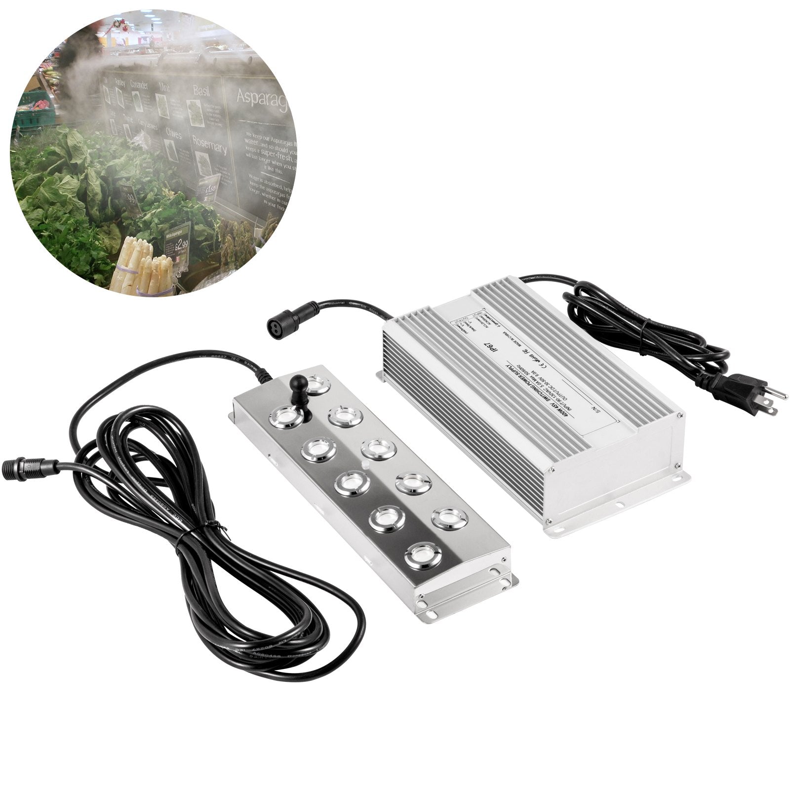 VEVOR Mist Maker 10 Head Ultrasonic Mist Fogger with Waterproof Power Supply Ultrasonic Fogger Humidifier Stainless Steel Pond Mister Fogger 5kg/h Ultrasonic Mist Humidifier for Gardening and Pond