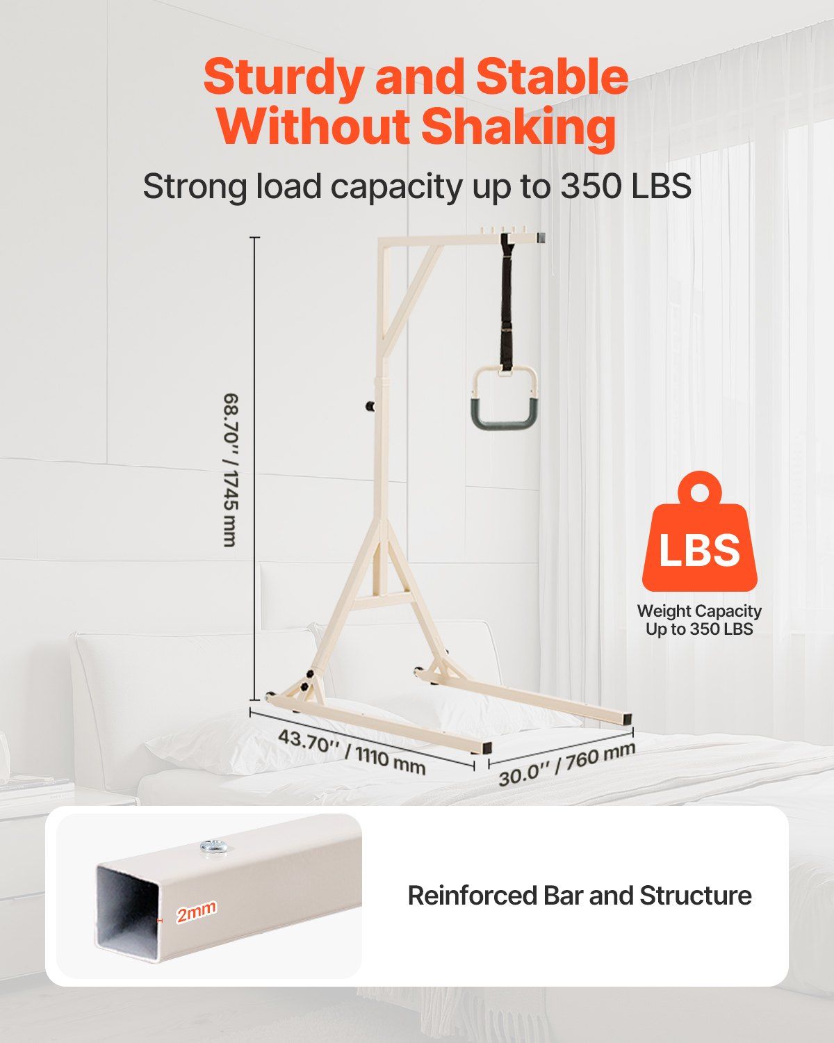 Trapeze Bar for Bed Mobility, Height-Adjustable Bed Trapeze with 2 Casters, 350LBS Weight Capacity Heavy Duty Pull Up Assist Bar with Floor Stand for Elderly, Disabled, Bedridden Patients