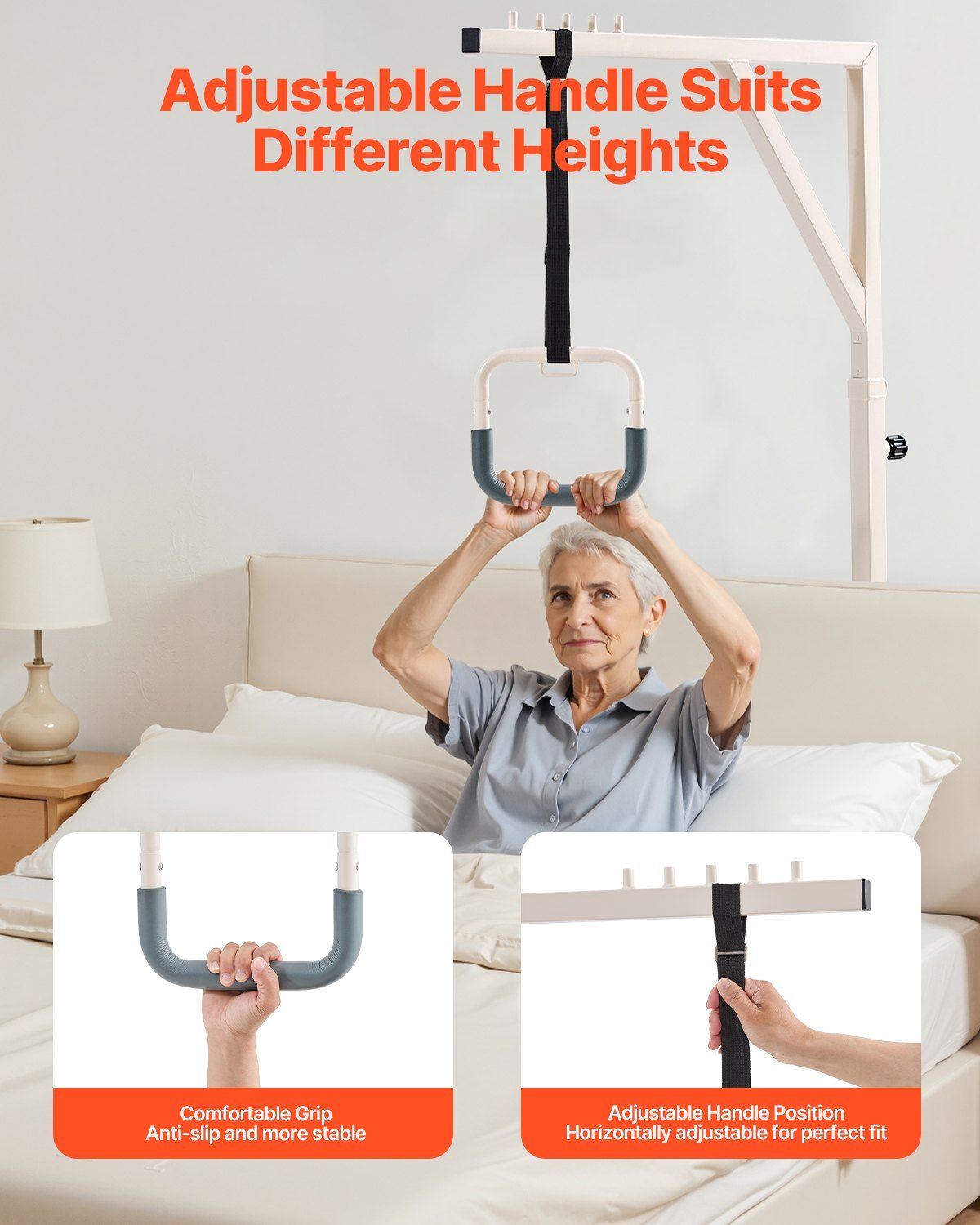 Trapeze Bar for Bed Mobility, Height-Adjustable Bed Trapeze with 2 Casters, 350LBS Weight Capacity Heavy Duty Pull Up Assist Bar with Floor Stand for Elderly, Disabled, Bedridden Patients