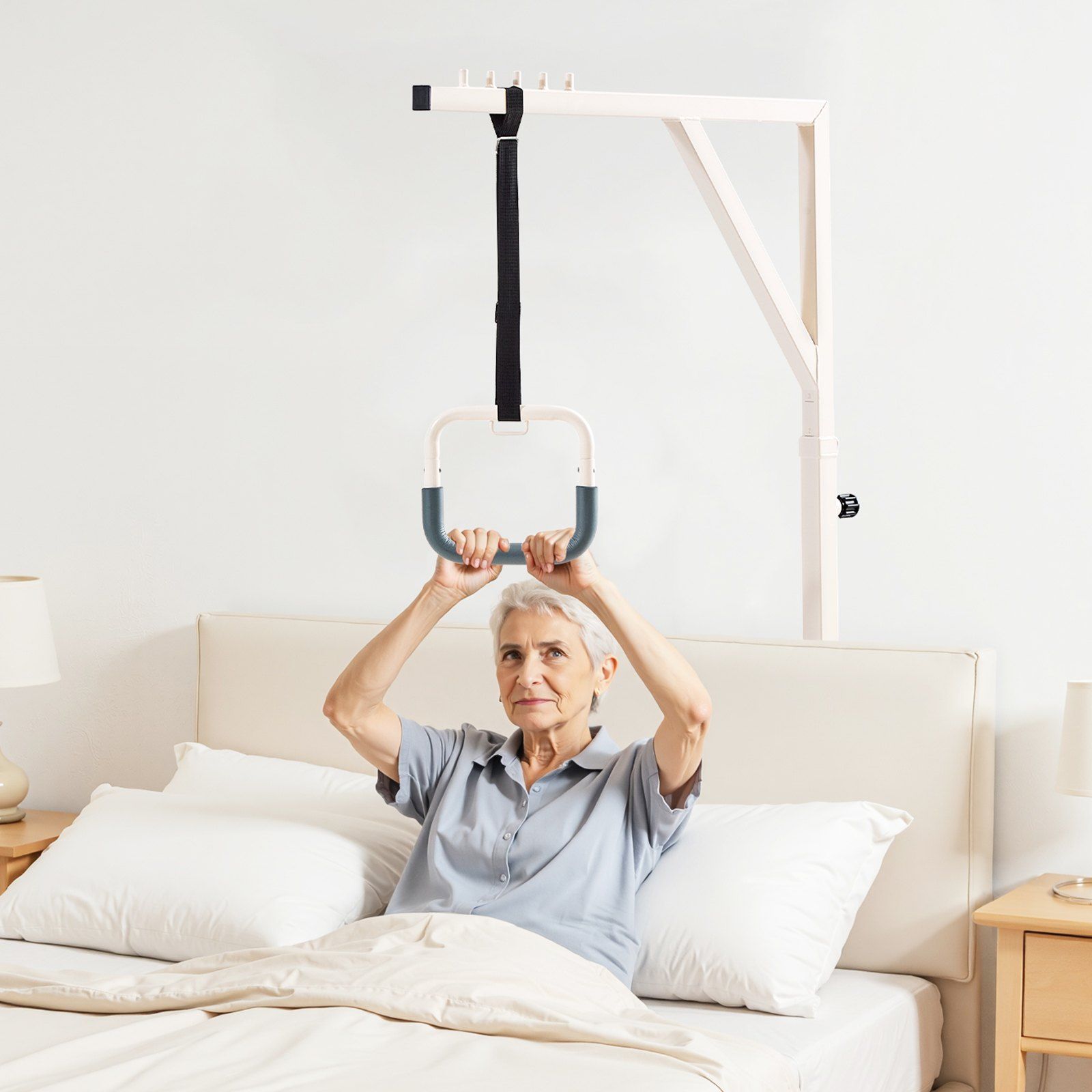 Trapeze Bar for Bed Mobility, Height-Adjustable Bed Trapeze with 2 Casters, 350LBS Weight Capacity Heavy Duty Pull Up Assist Bar with Floor Stand for Elderly, Disabled, Bedridden Patients