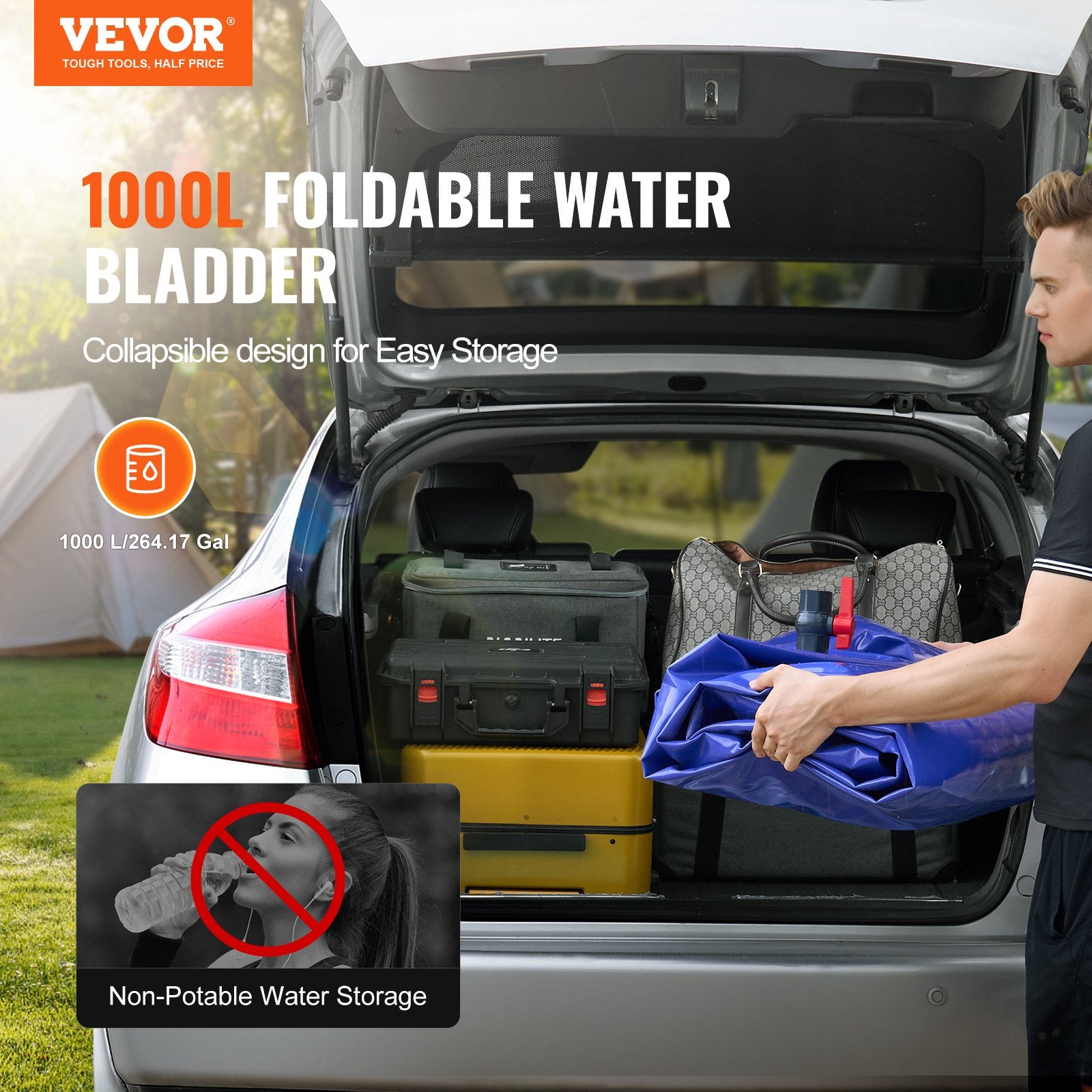 VEVOR Portable Water Storage Bladder 264 Gal 1000D PVC Collapsible Water Tank