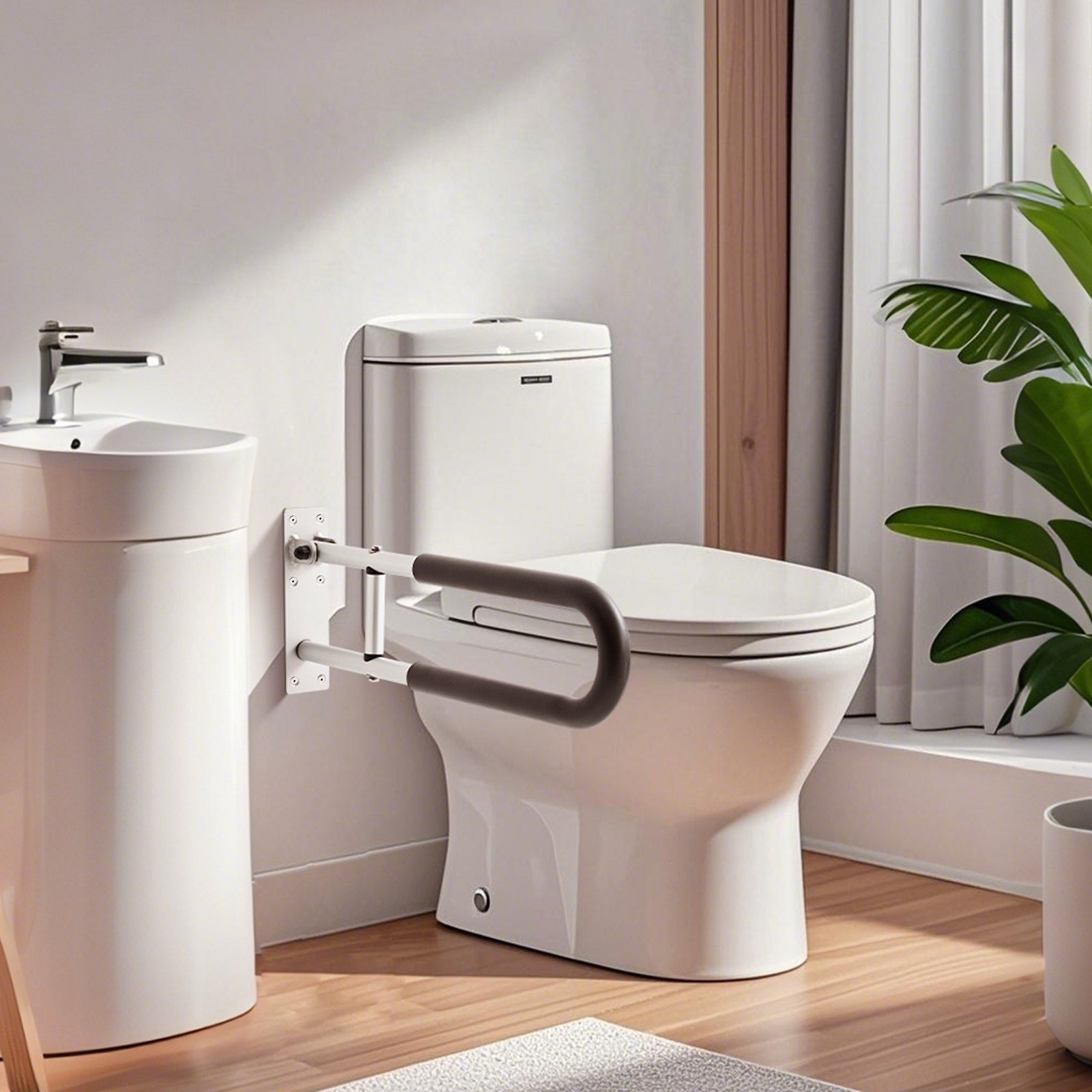 Toilet Safety Rail, 60.5 cm U-Shaped Handicap Grab Bar, Foldable Senior Safety Pole, Flip Up Toilet Grab Bars with Anti-Slip Support Handle, 136 kg Load Capacity for Elderly, Disabled, Pregnant