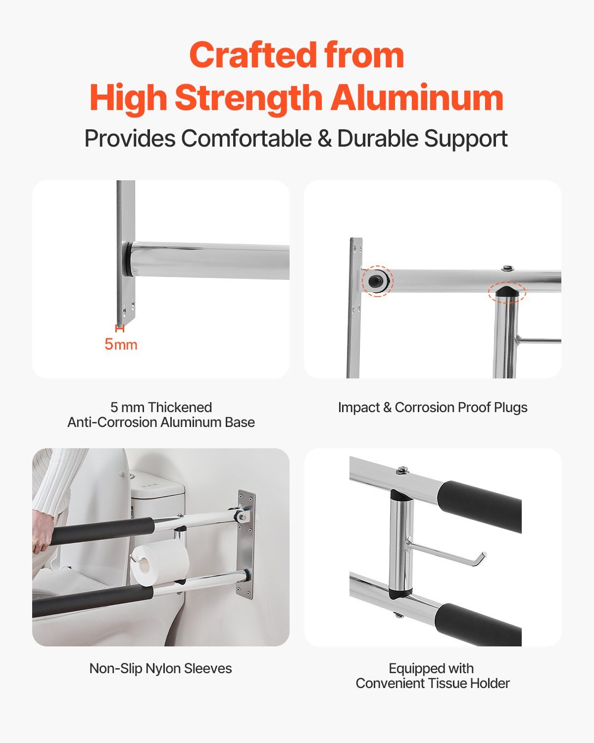 Toilet Safety Rail, 76.5 cm U-Shaped Handicap Grab Bar, Foldable Senior Safety Pole, Flip Up Toilet Grab Bars with Anti-Slip Handle, 136 kg Load Capacity Security Handrail with Paper Holder