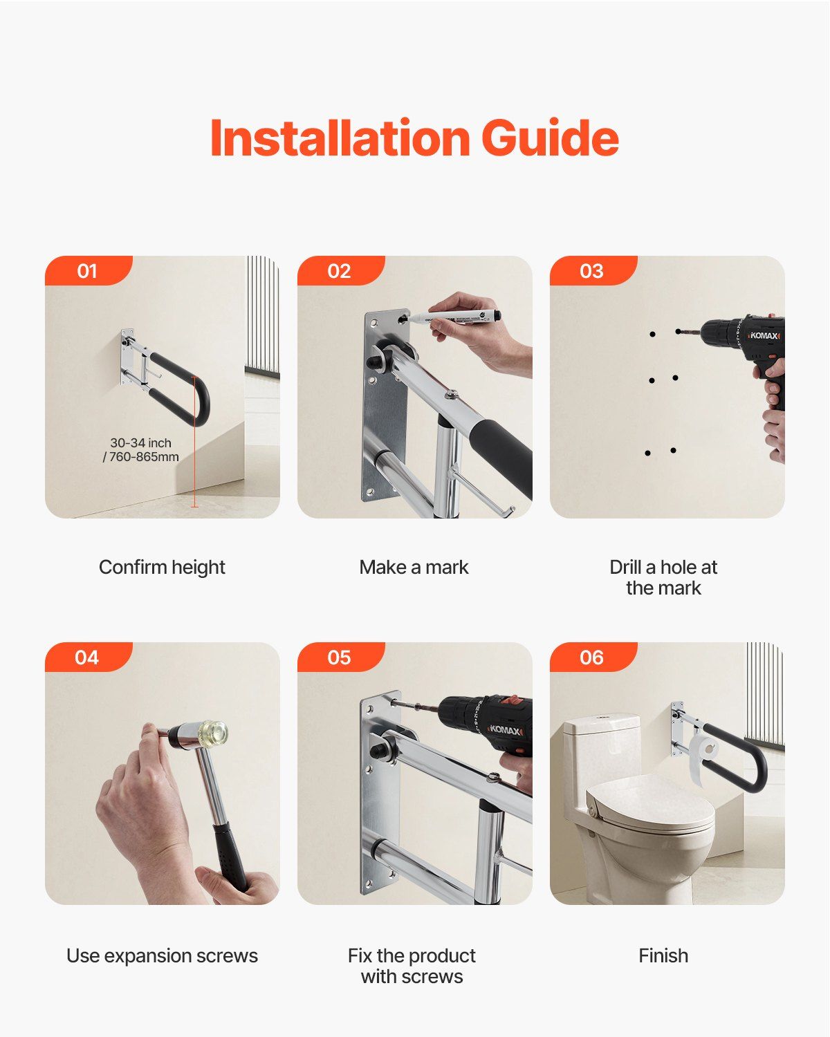 Toilet Safety Rail, 76.5 cm U-Shaped Handicap Grab Bar, Foldable Senior Safety Pole, Flip Up Toilet Grab Bars with Anti-Slip Handle, 136 kg Load Capacity Security Handrail with Paper Holder