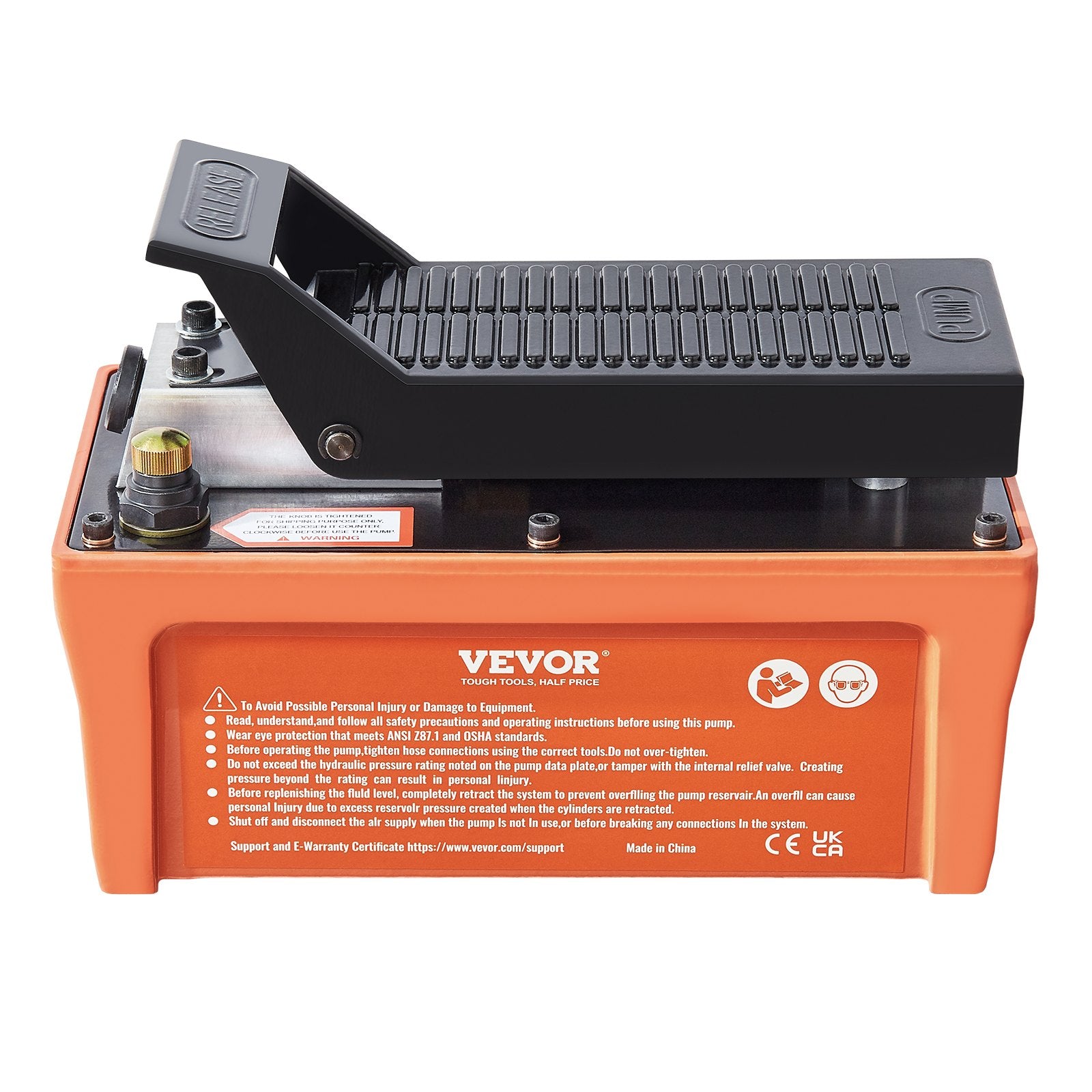 VEVOR Air Hydraulic Pump, 10,000 PSI 1/2 Gal Reservoir, NPT 3/8" Oil Outlet, NPT 1/4" Inlet, 6.6 ft Pipe, Foot Actuated Hydraulic Pump Air Treadle for Auto Body Frame Machines and Pulling Post, Orange