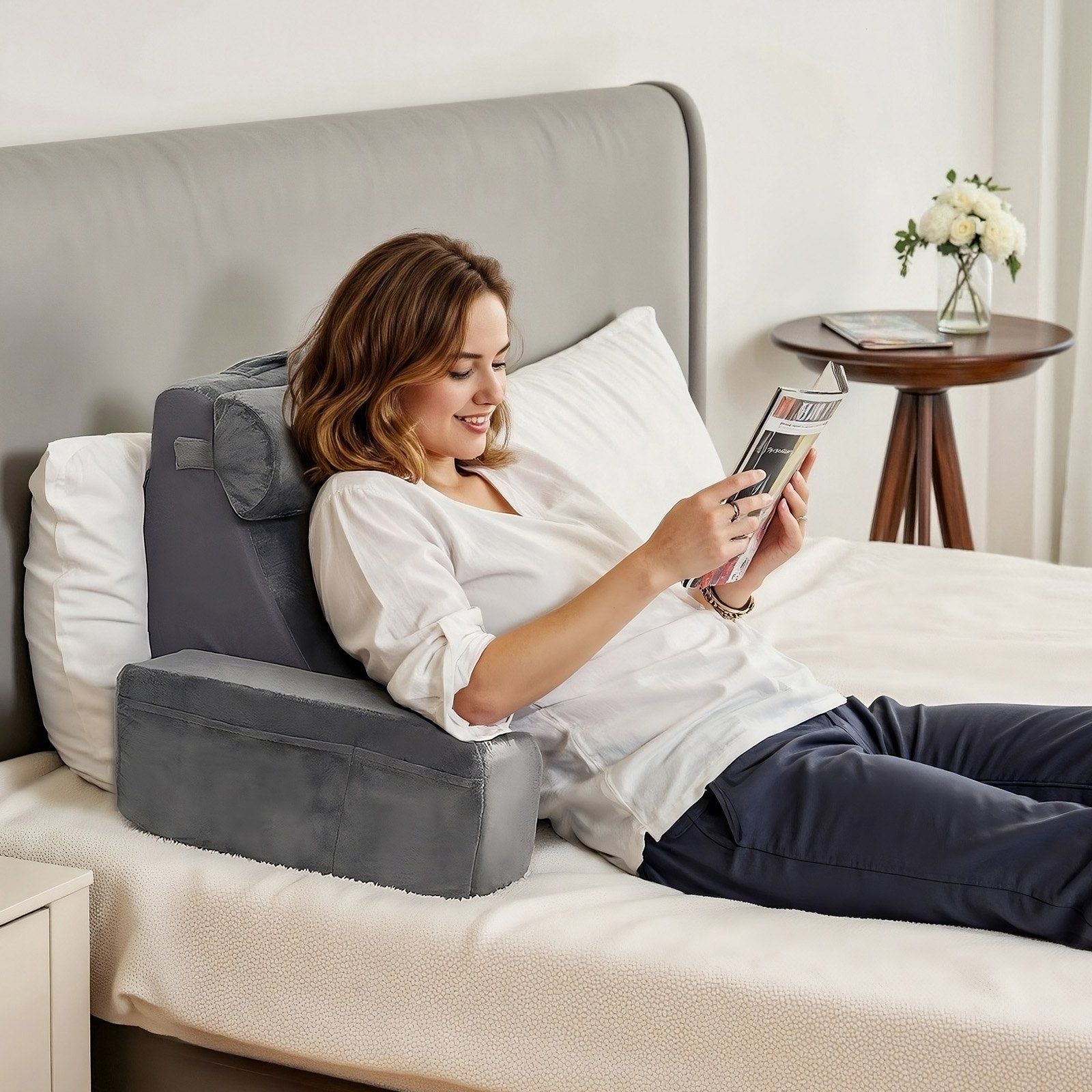 Reading Pillow, Backrest Support Pillow with Arm and 3 Pockets, Large Size Bed Pillow with Removable Headrest & 25D Sponge, Handle for Easy Carrying, for Reading, Gaming, Resting, Working, Grey