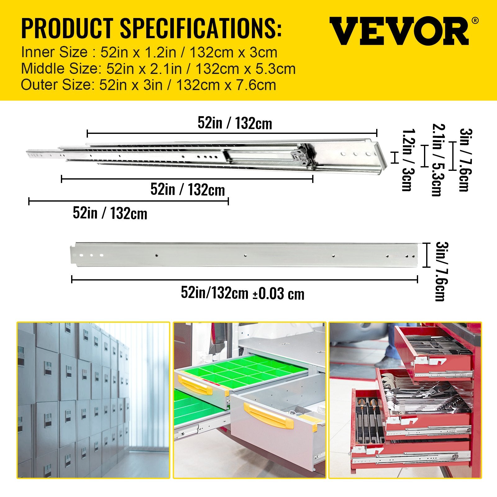 VEVOR Drawer Slide Soft Close Drawer 1Pair 52" Ball Bearing Full Extension 500lb