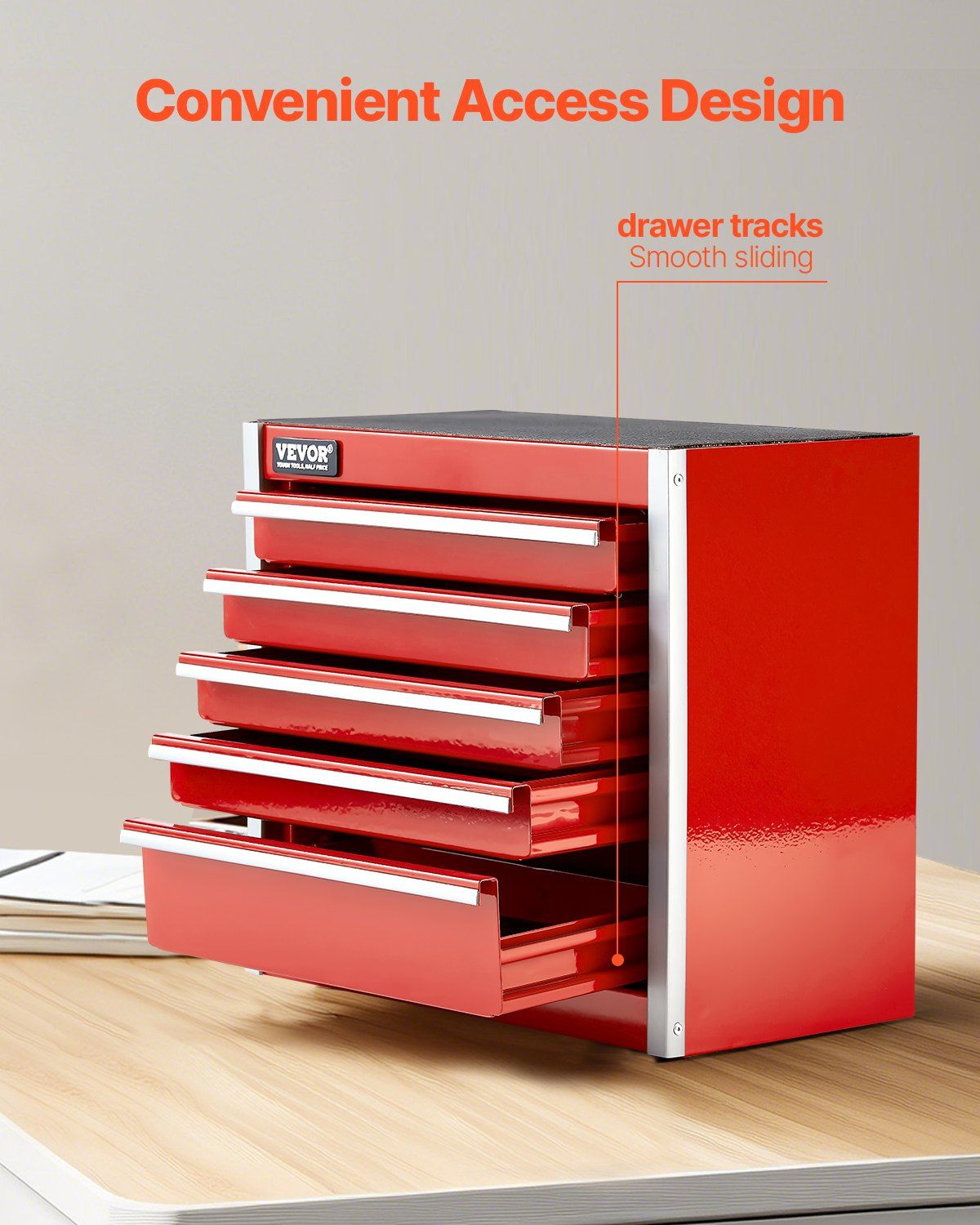 Metal Tool Box, 8.6-inch, Portable Metal Tool Box with 5 Drawers, Small Tool Chest with EVA Liners and PP Feet Pads, Heavy-Duty Steel With Ball Bearing Opening and Powder Coated Finish, Red