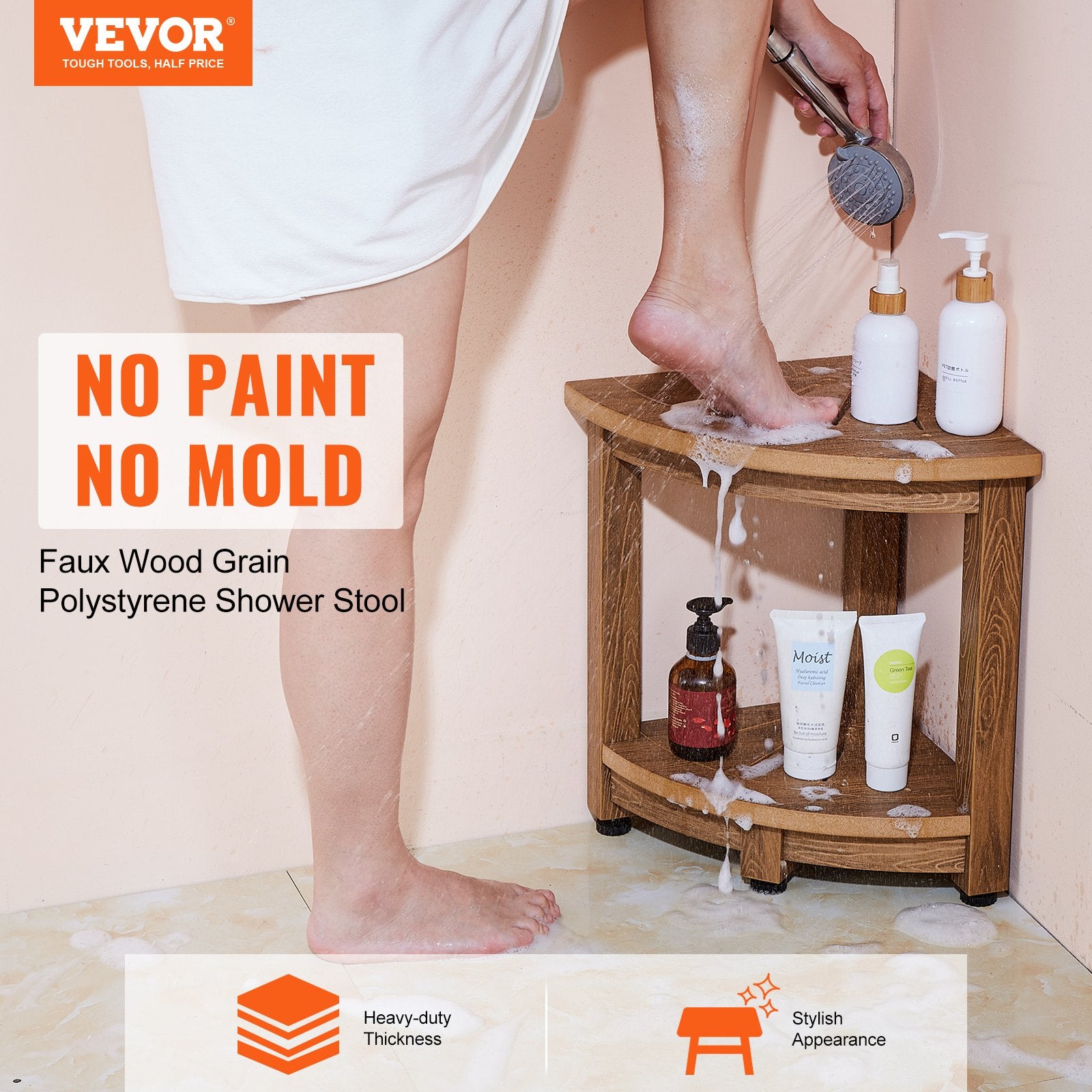 VEVOR Corner Shower Bench, 16.5" Height 12.8" Radius, Faux Wood Grain Polystyrene, 158KGS with Storage Shelf, Water Resistant, Shower Stool for Inside & Outside Shower, for Bathroom, Living Room