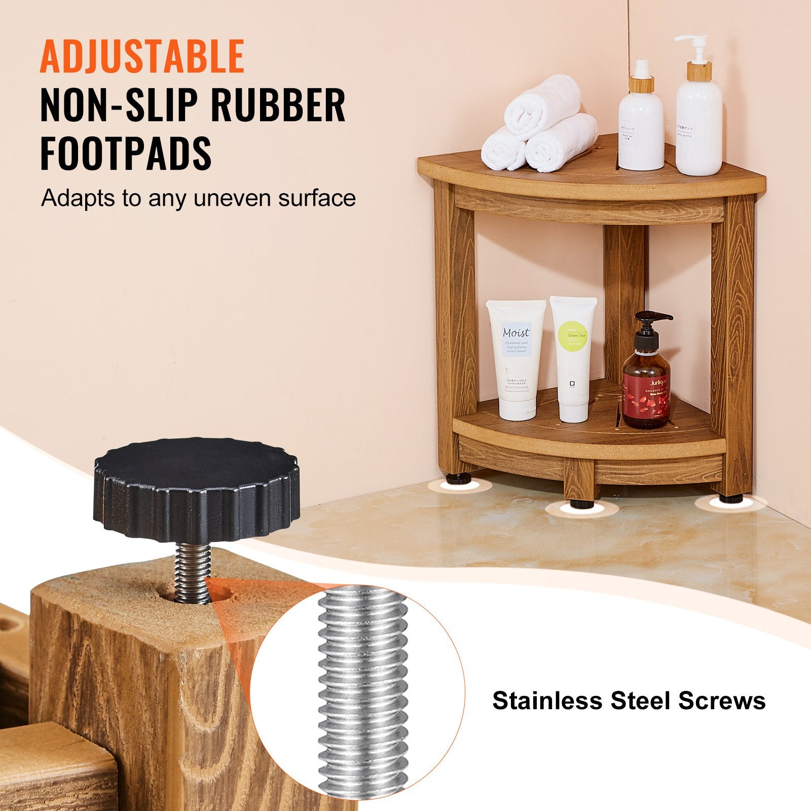 VEVOR Corner Shower Bench, 16.5" Height 12.8" Radius, Faux Wood Grain Polystyrene, 158KGS with Storage Shelf, Water Resistant, Shower Stool for Inside & Outside Shower, for Bathroom, Living Room