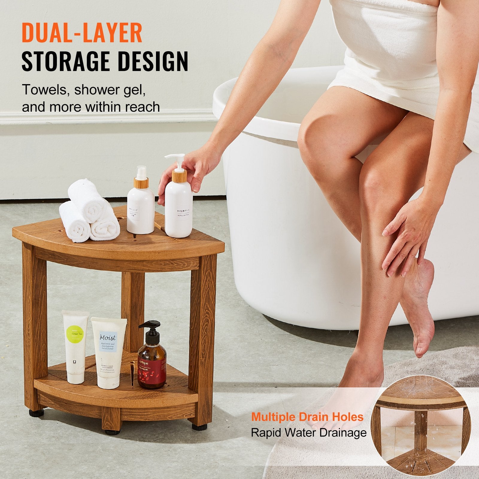 VEVOR Corner Shower Bench, 16.5" Height 12.8" Radius, Faux Wood Grain Polystyrene, 158KGS with Storage Shelf, Water Resistant, Shower Stool for Inside & Outside Shower, for Bathroom, Living Room