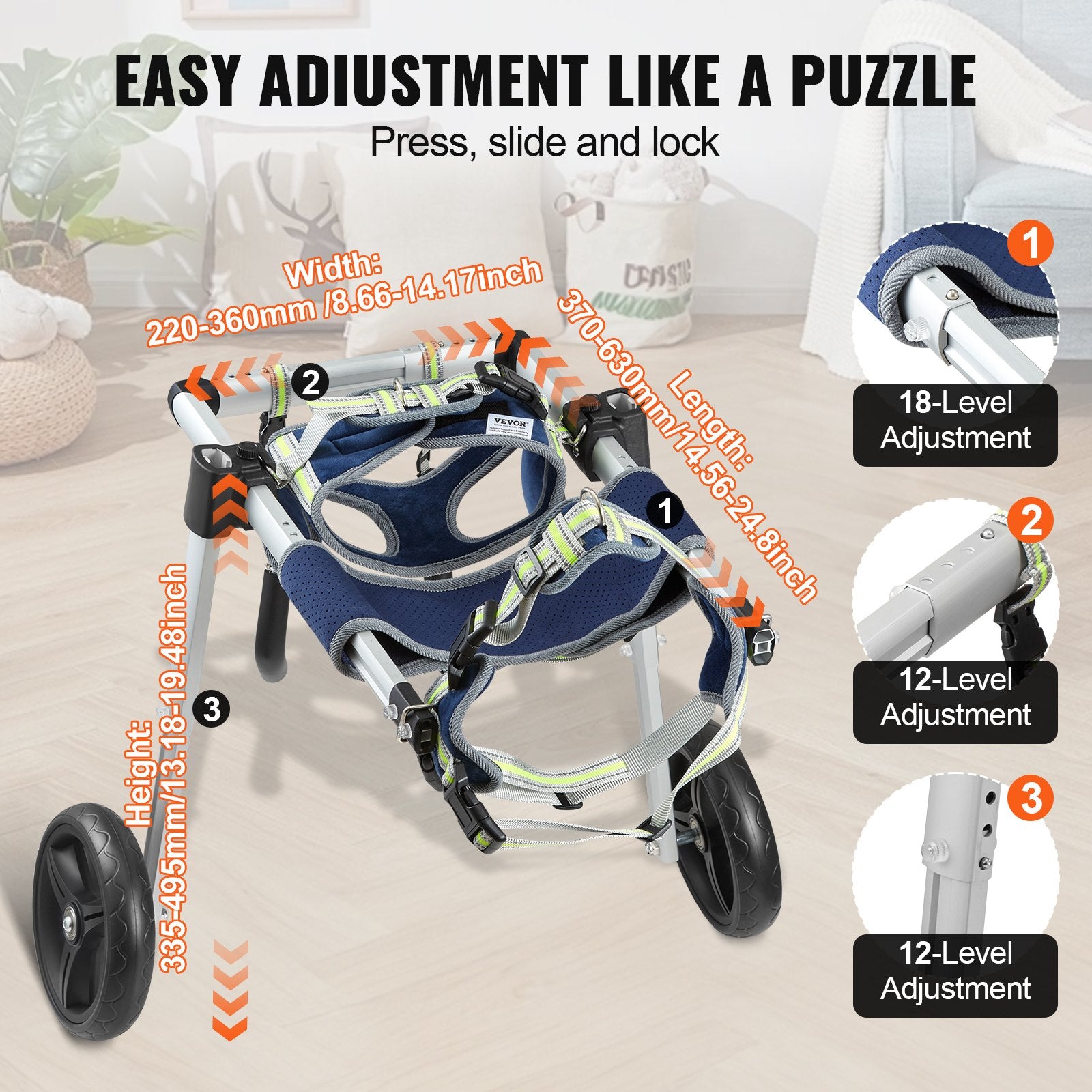 VEVOR 2 Wheels Dog Wheelchair for Back Legs, Pet Wheelchair Lightweight & Adjustable Assisting in Healing, Dog Cart/Wheelchair for Injured, Disabled, Paralysis, Hind Limb Weak Pet(M)