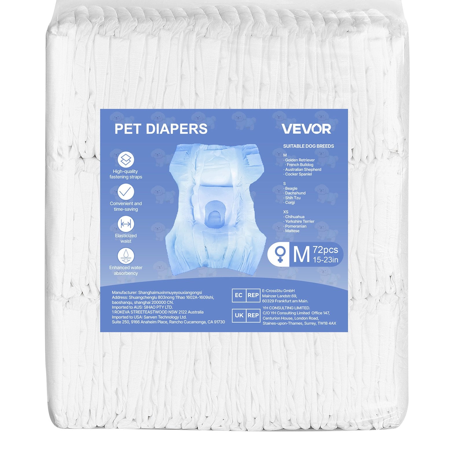 VEVOR Disposable Dog Diapers, Super Absorbent Female Dog Diapers, 360° Leak-Proof Female Doggy Pet Diaper with Wetness Indicator for Heat Period, Training, Incontinence - M, 144 Count (2 Packs of 72)