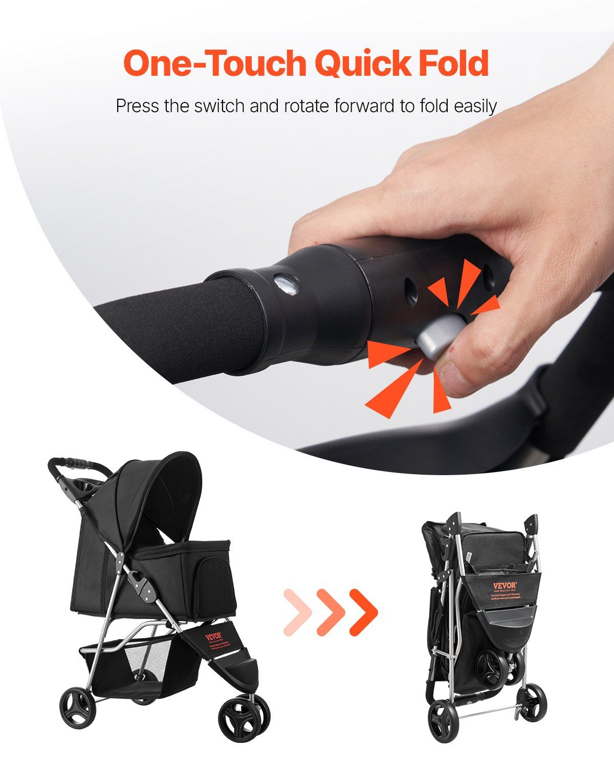 Pet Stroller, 16KG Weight Capacity, Foldable Dog Stroller Cart, 3 Wheels Cats Strollers with Mesh Windows and Cup Holders, Portable Pet Carrier Strollers with Brake, for Small to Medium Pets