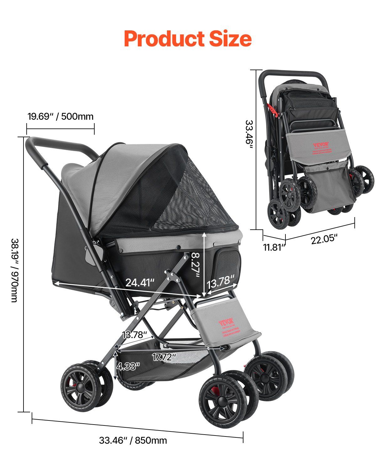 Pet Stroller, 20KG Weight Capacity, Foldable Dog Stroller Cart, 4 Wheels Cats Stroller with Mesh Windows & Revrsible Handle, Portable Pet Carrier Stroller with Brake, for Small to Medium Pets