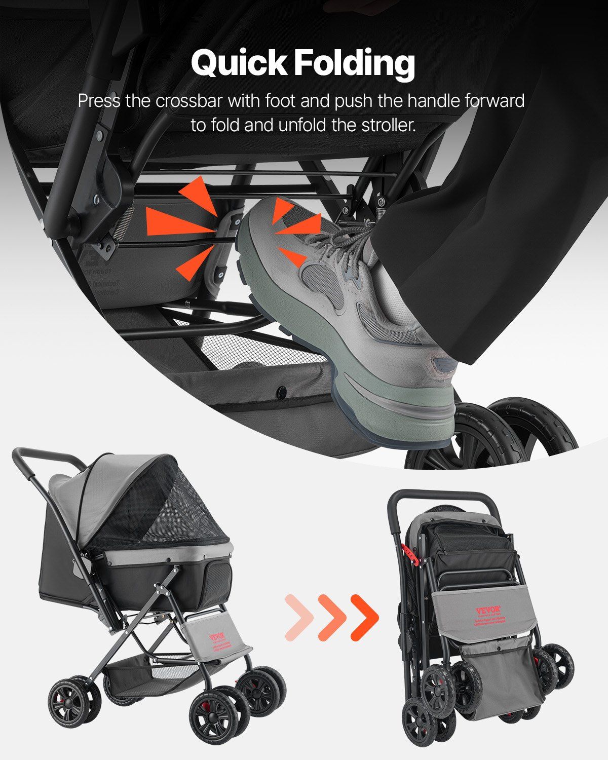 Pet Stroller, 20KG Weight Capacity, Foldable Dog Stroller Cart, 4 Wheels Cats Stroller with Mesh Windows & Revrsible Handle, Portable Pet Carrier Stroller with Brake, for Small to Medium Pets