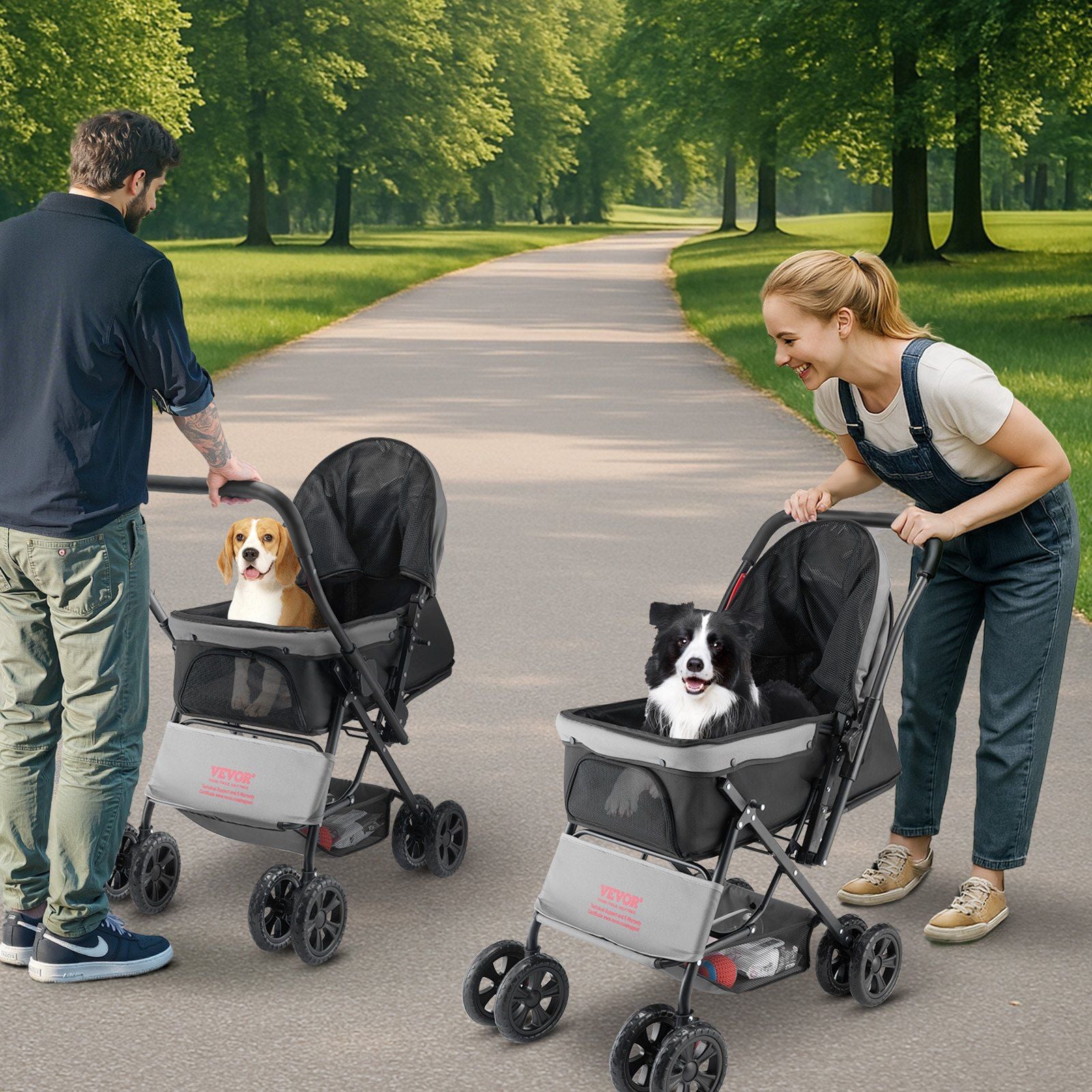 Pet Stroller, 20KG Weight Capacity, Foldable Dog Stroller Cart, 4 Wheels Cats Stroller with Mesh Windows & Revrsible Handle, Portable Pet Carrier Stroller with Brake, for Small to Medium Pets