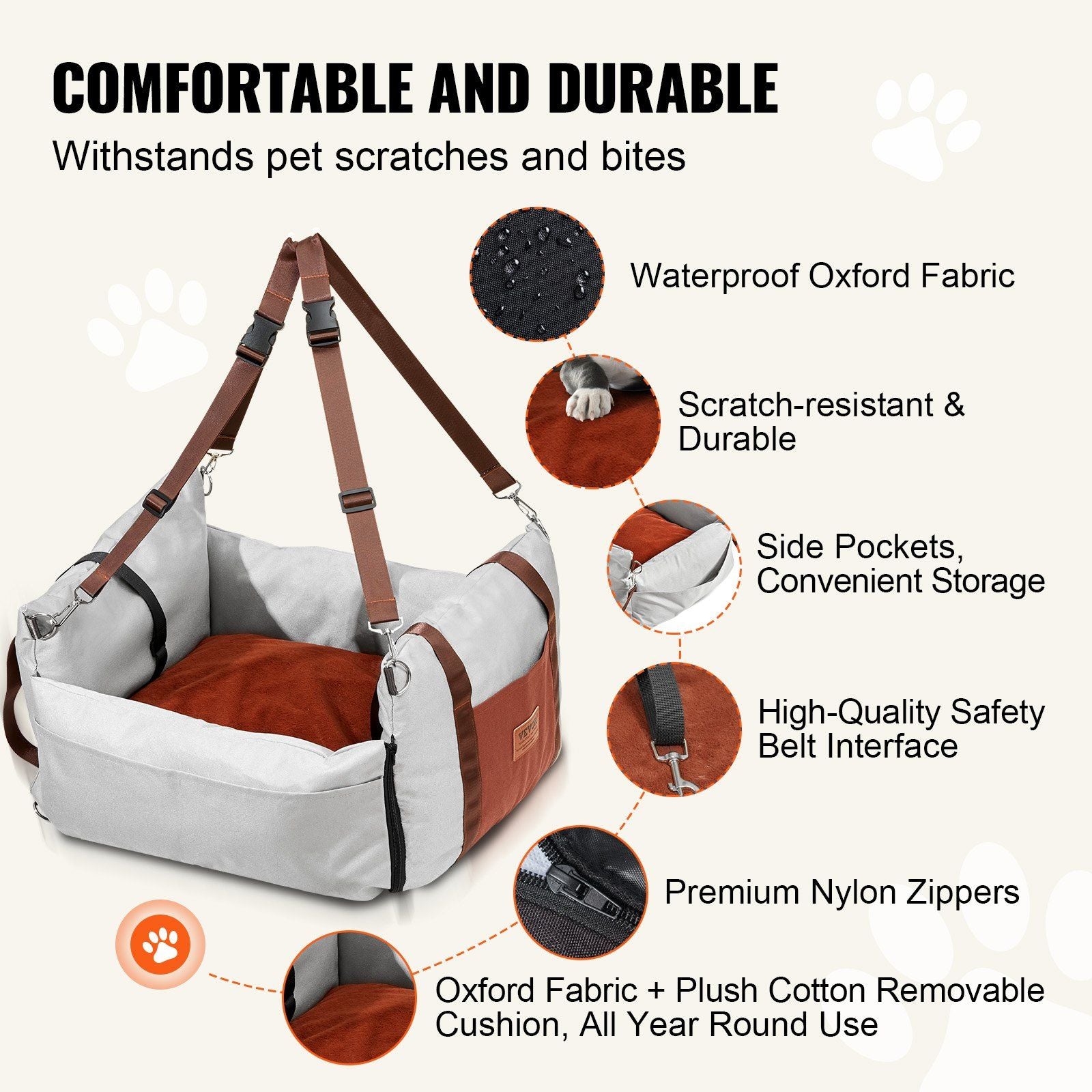 Dog Car Seat, Waterproof Dog Booster Seat for Car with Side Handles and A Storage Pocket, Clip-On Safety Leash and PP Cotton Filling, Dog Car Bed for Small Dog up to 11.3 kg, Gray