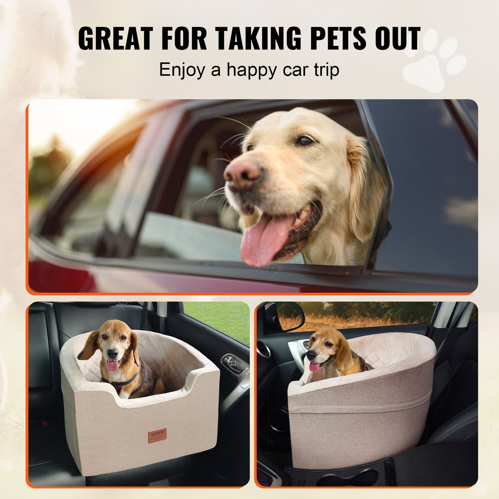VEVOR Dog Car Seat, Waterproof Dog Booster Seat for Car with A Storage Pocket, Clip-On Safety Leash and Sponge Filling, Dog Car Bed for Small & Medium Dog up to 24.9 kg, Brown